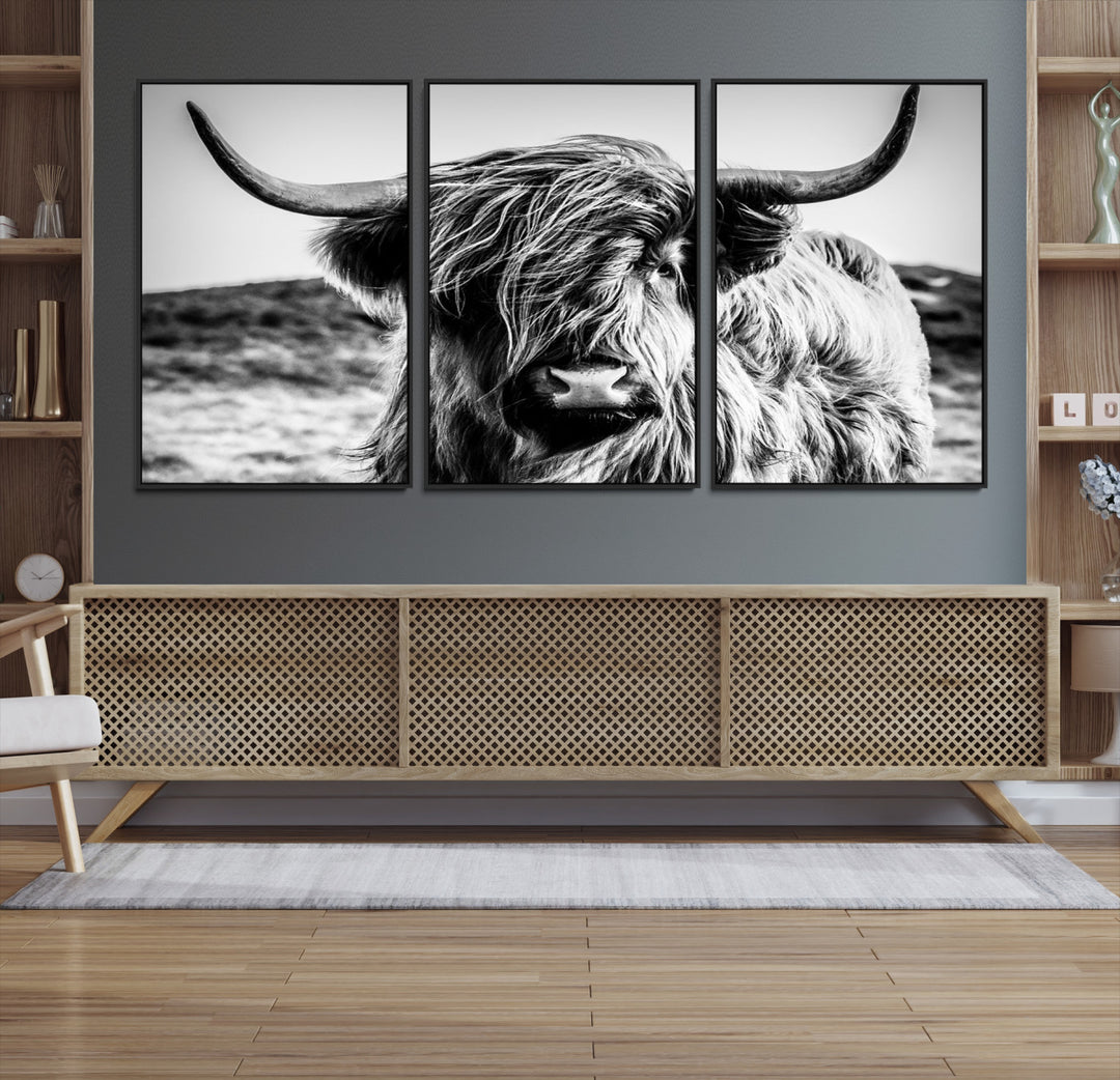 Highland Cow Wall Art | 3-Panel Black and White Highland Cow Canvas Print for Western Farmhouse Decor