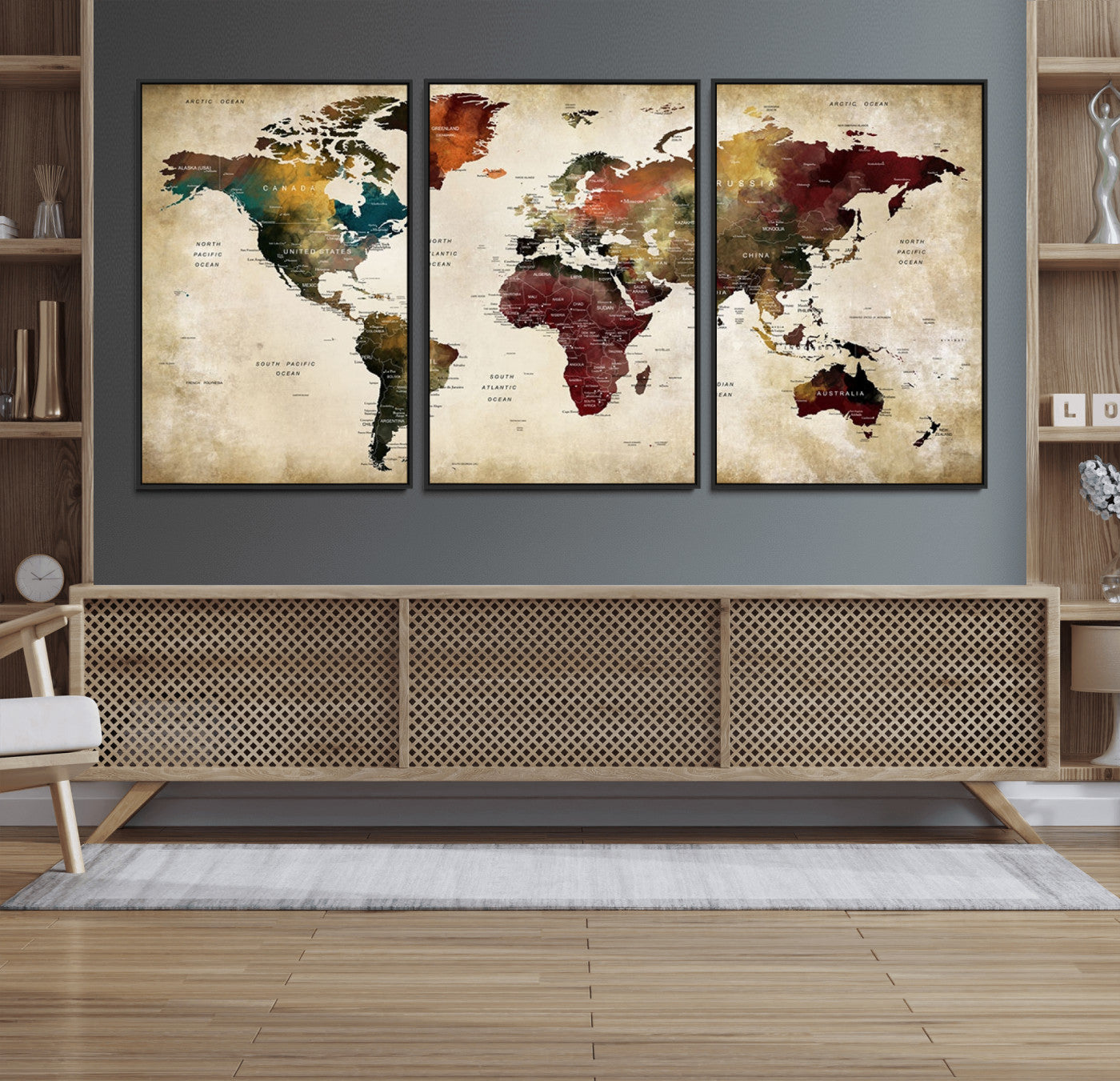 63870-MGV-FC-60X30-3P_Black-Large World Map Wall Art Canvas Print, Framed Push Pin Map Art Picture Print, Abstract Traveller Map Perfect Modern Decor Artwork