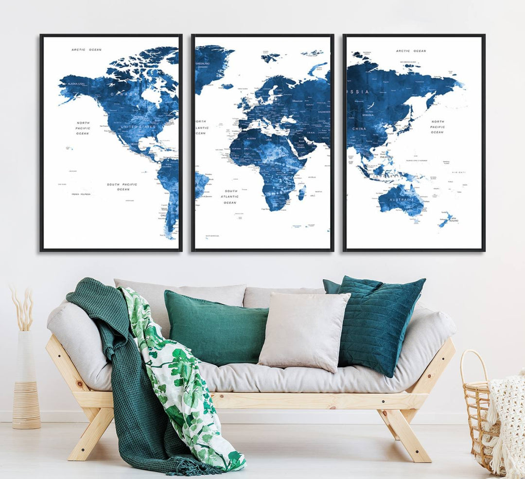 Navy Blue Wall Art World Map Canvas Print, an ideal piece for anyone seeking unique home or office decor.