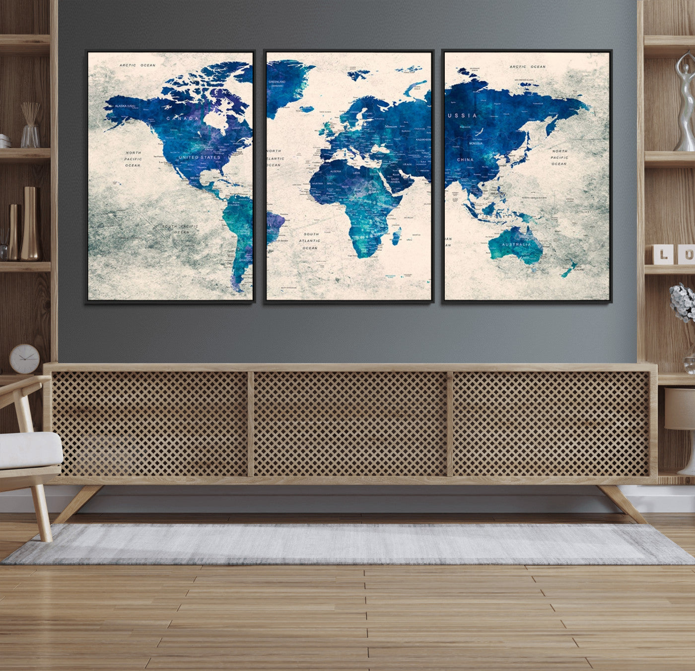 43947-MGV-FC-60X30-3P_Black-Blue Watercolor World Map Canvas Print – Framed Modern Wall Art, Elegant Push Pin Travel Map Decor for Home Office or Living Room