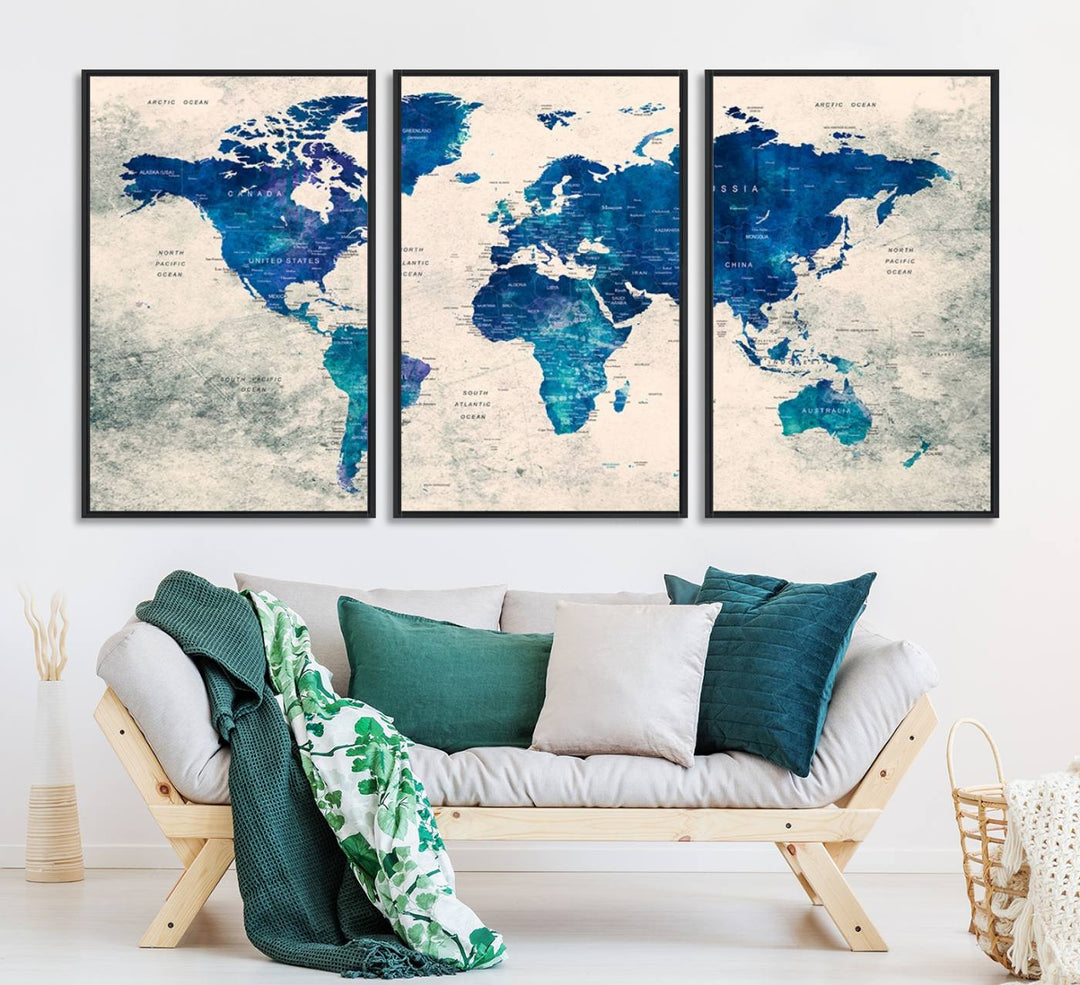 Navy Blue Push Pin World Map Canvas Print featuring a grunge-stained background, with labeled countries and oceans.