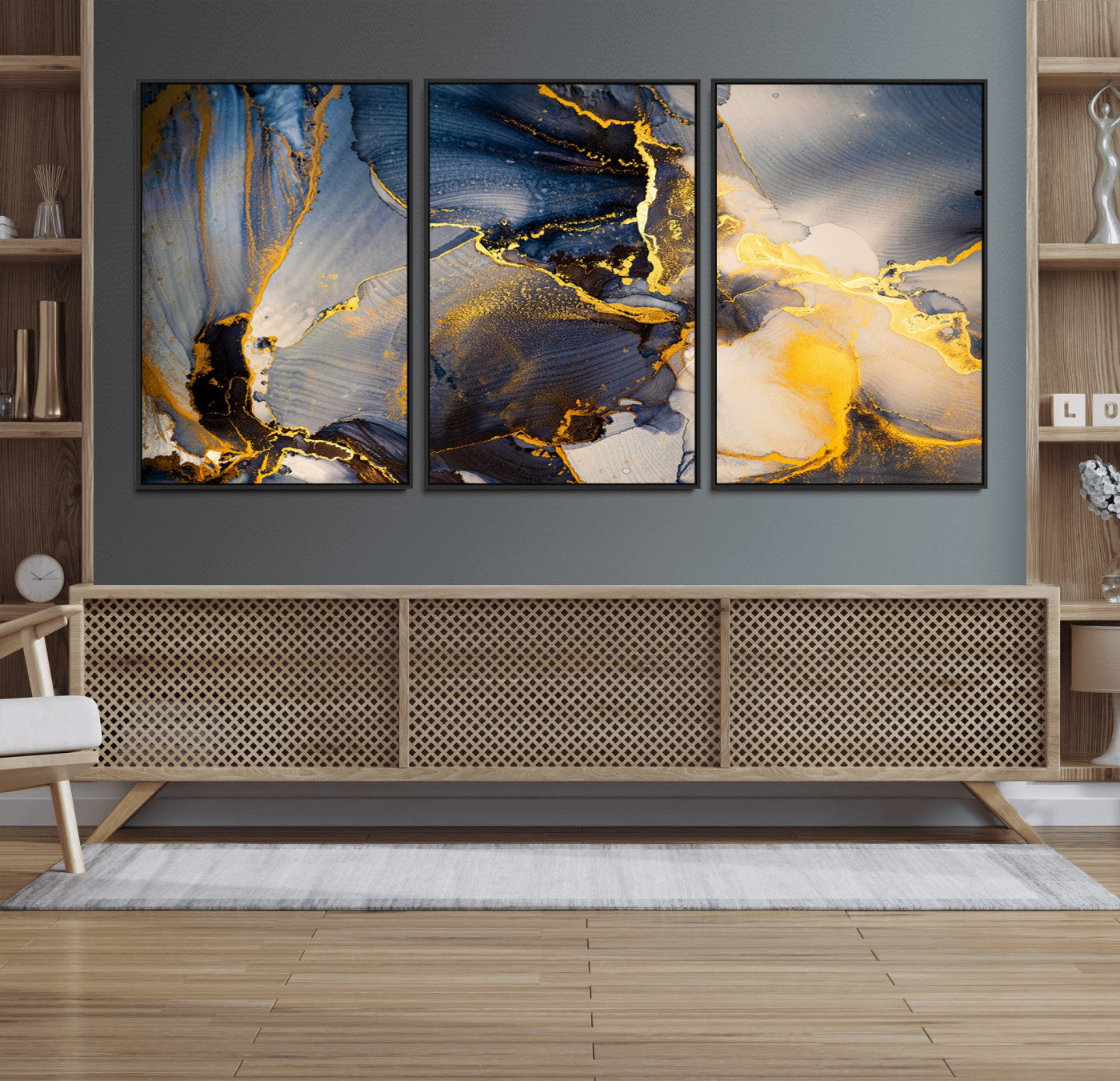 42100-MGV-FC-60X30-3P_Black-Large Abstract Wall Art Print - Gold and Blue Abstract Canvas Wall Art | Fluid Ink Modern Luxury