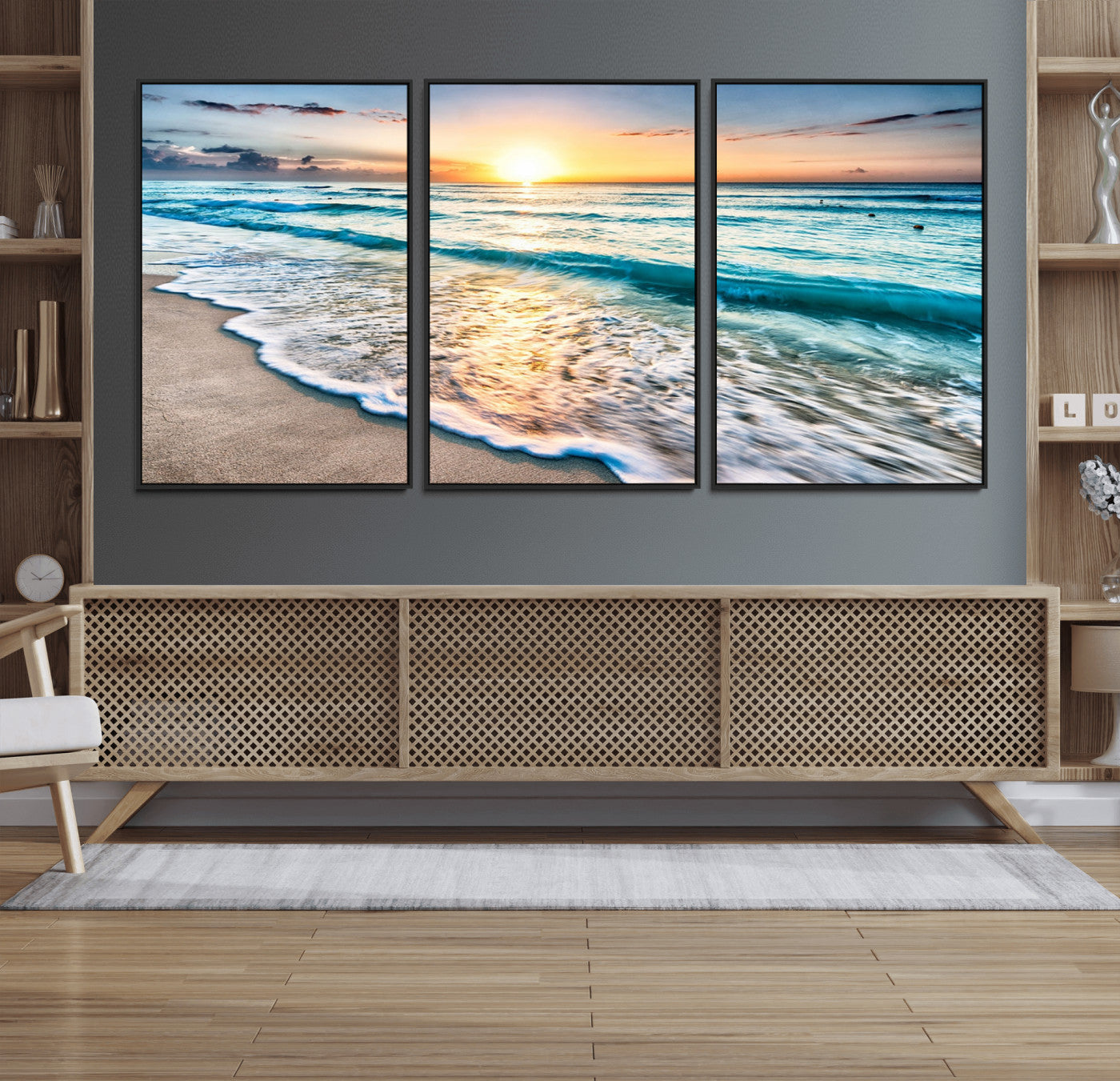 27815-MGV-FC-60X30-3P_Black-Sunset Beach Waves Canvas Wall Art – 5-Panel Ocean Sunset Print – Coastal Decor for Living Room or