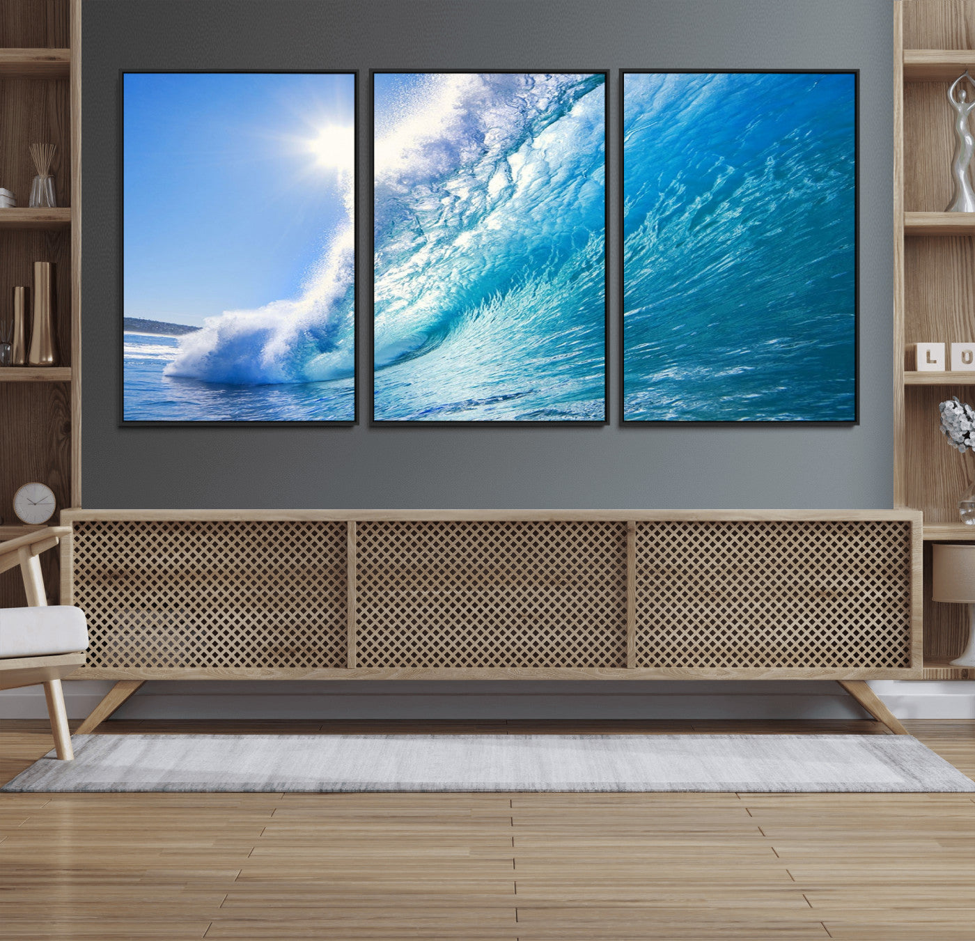-Blue Big Wave Surfing Ocean Canvas Wall Art Artwork Print