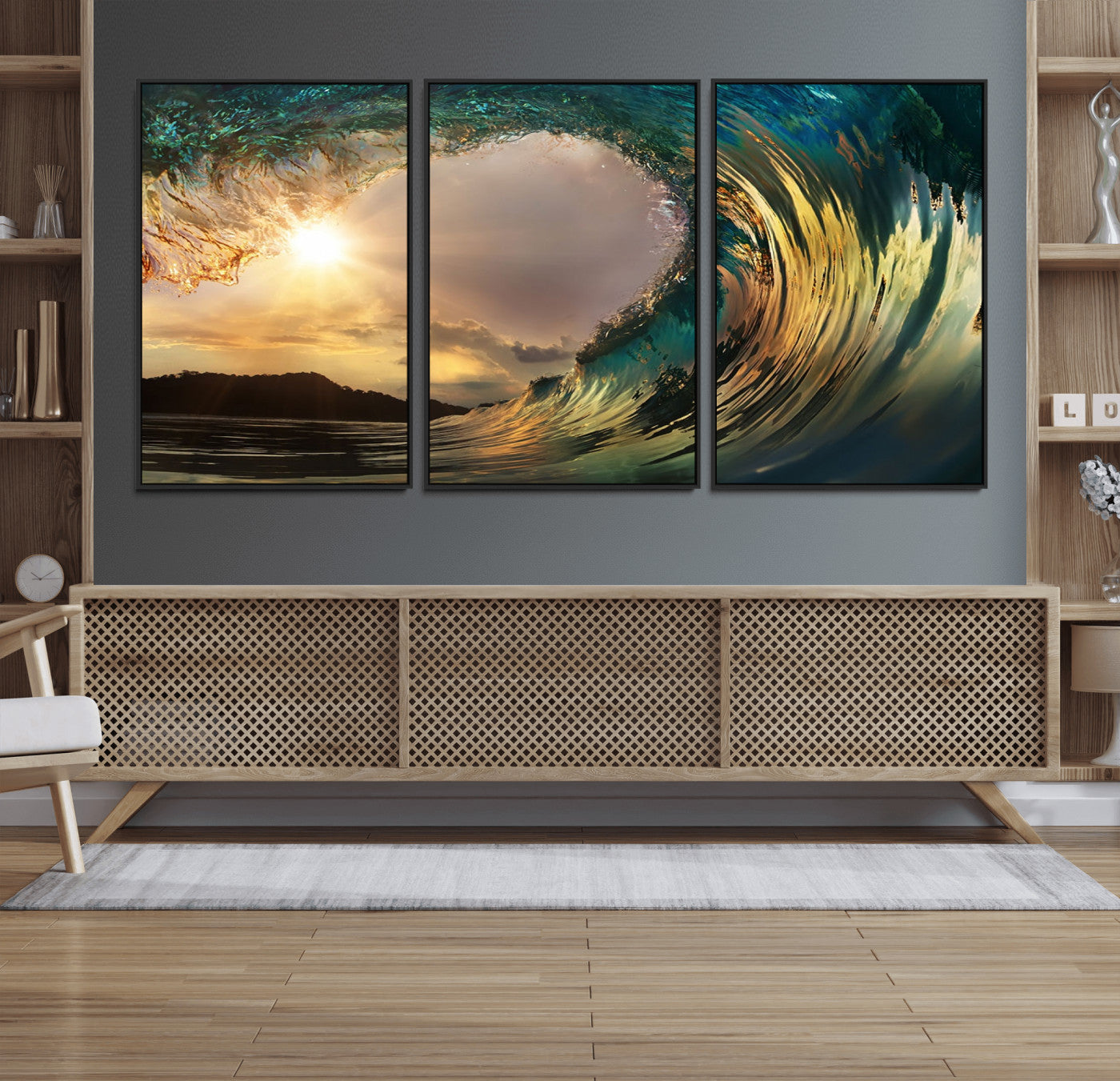 MGV-FC-60X30-3P - Golden Wave Sunset Giclee Canvas Print – Large Coastal Wall Art for Nature Lovers, Captivating Ocean Wave Decor