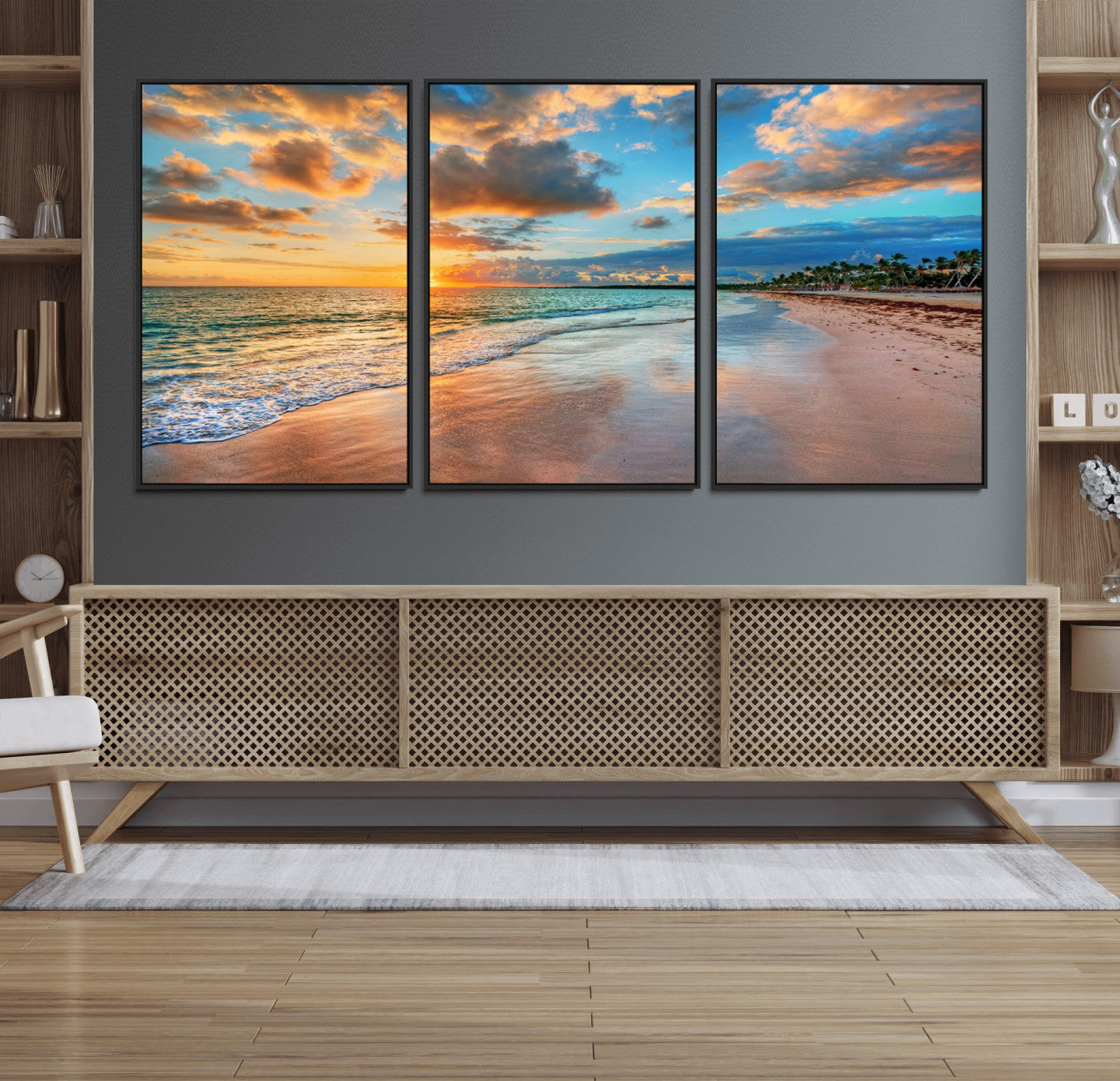 41572-MGV-CV-36X24-Sunset Ocean Waves on Tropical Beach, 3-Panel Giclee Canvas Art for Coastal Home Decor, Framed