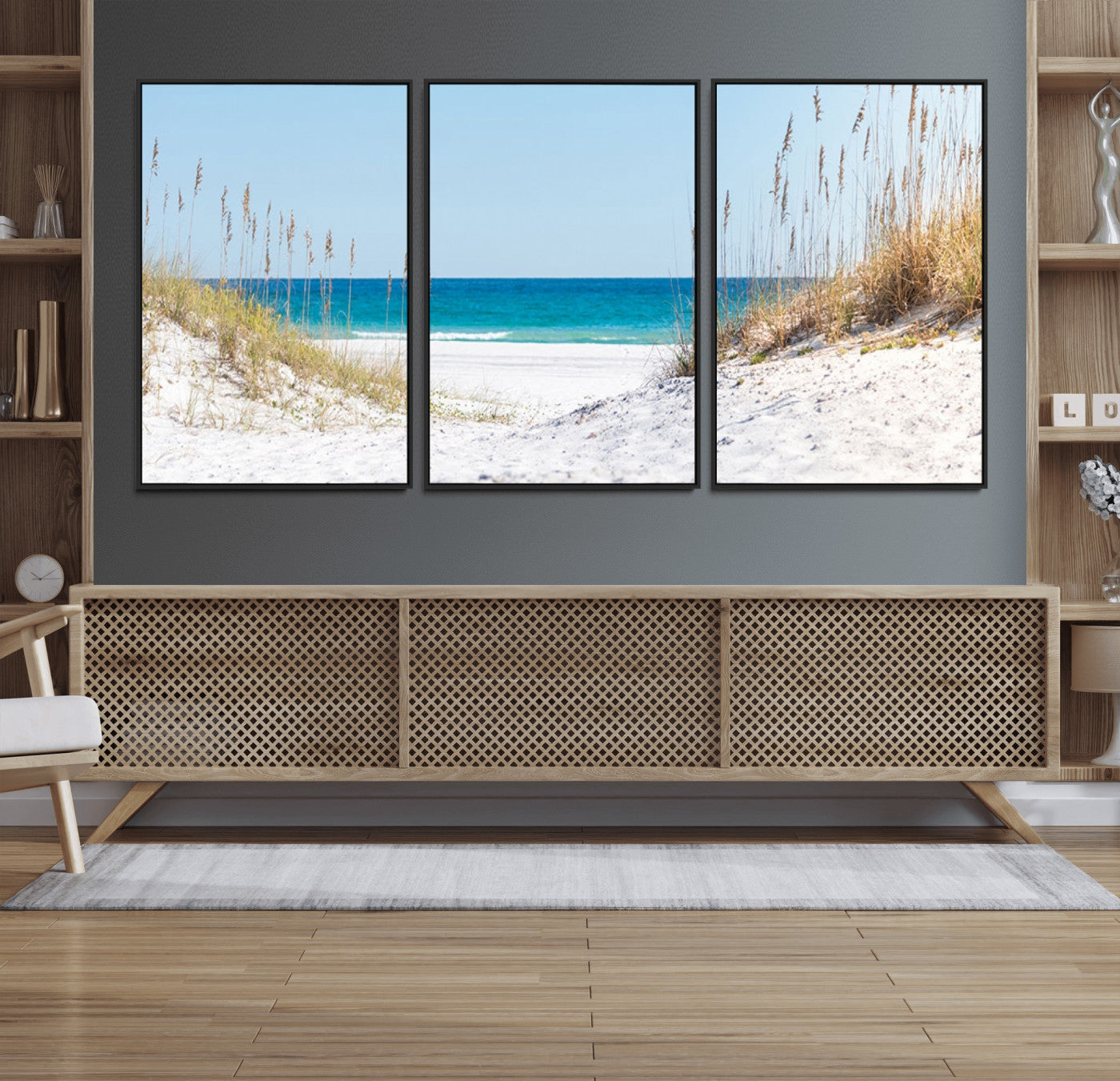 58498-MGV-FC-60X30-3P_Black-Serene Coastal Dune Path with Ocean View, 3-Panel Beach Canvas Wall Art, Tranquil Seascape Giclee