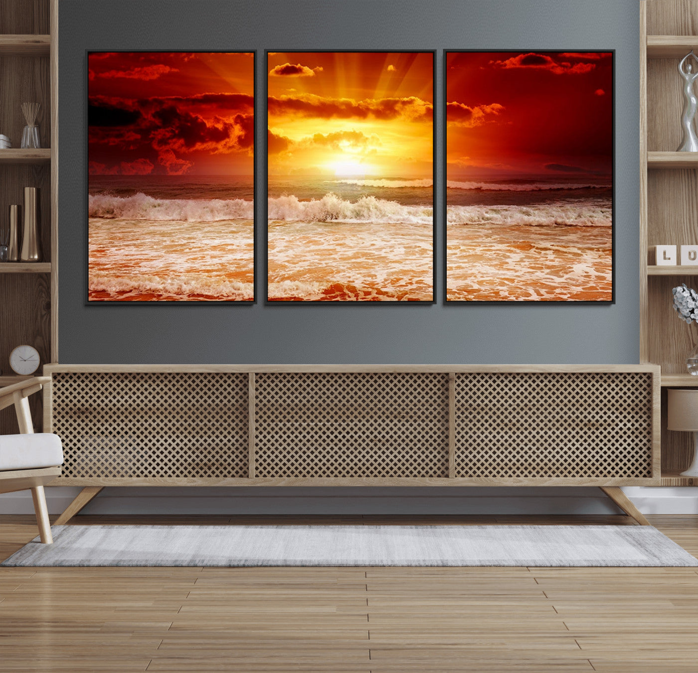 MGV-FC-60X30-3P - Red Sunset Ocean Beach Canvas Wall Art Beach Canvas, Coastal Sunset Print