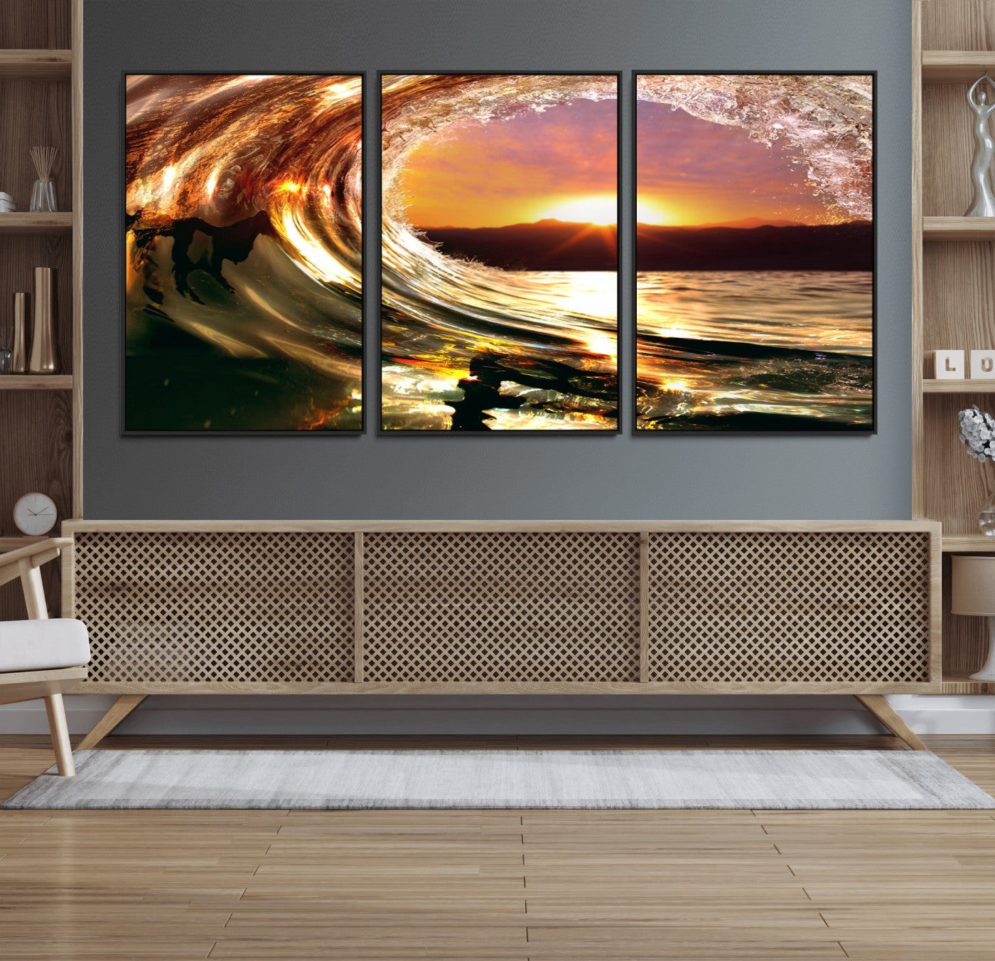 MGV-FC-60X30-3P - Golden Wave Sunset Triptych Canvas Art, Giclee Canvas Print of Ocean Wave and Sunset, Framed Ocean