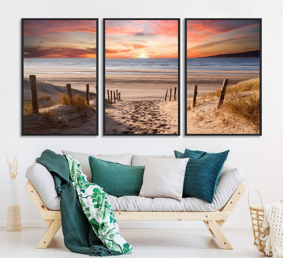 The Sunset on the Sea Wall Art Canvas Print beautifully captures a beach sunset and waves, enhanced with a UV-protective coating.