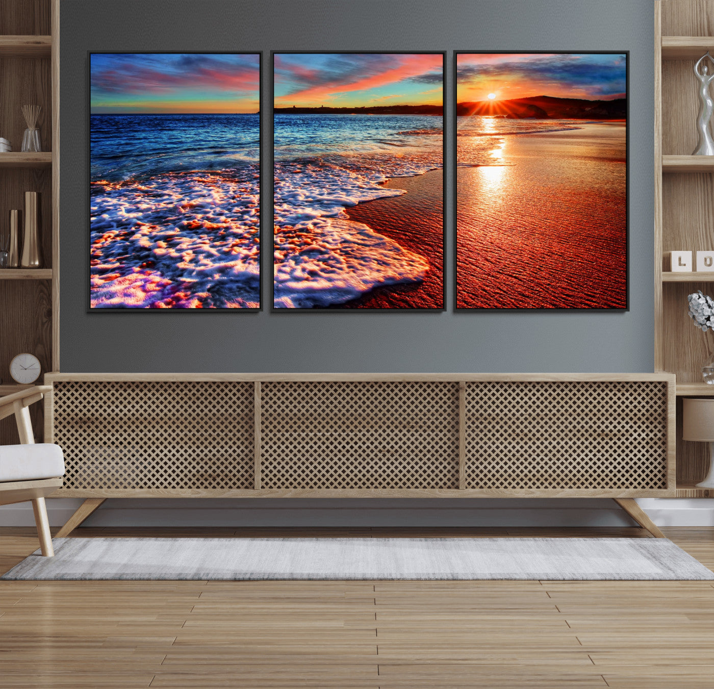 47729-MGV-FC-60X30-3P_Black-Colorful Coastal Sunset on the Beach Canvas Print, Ocean Waves Crashing at Dusk, Multi-Panel