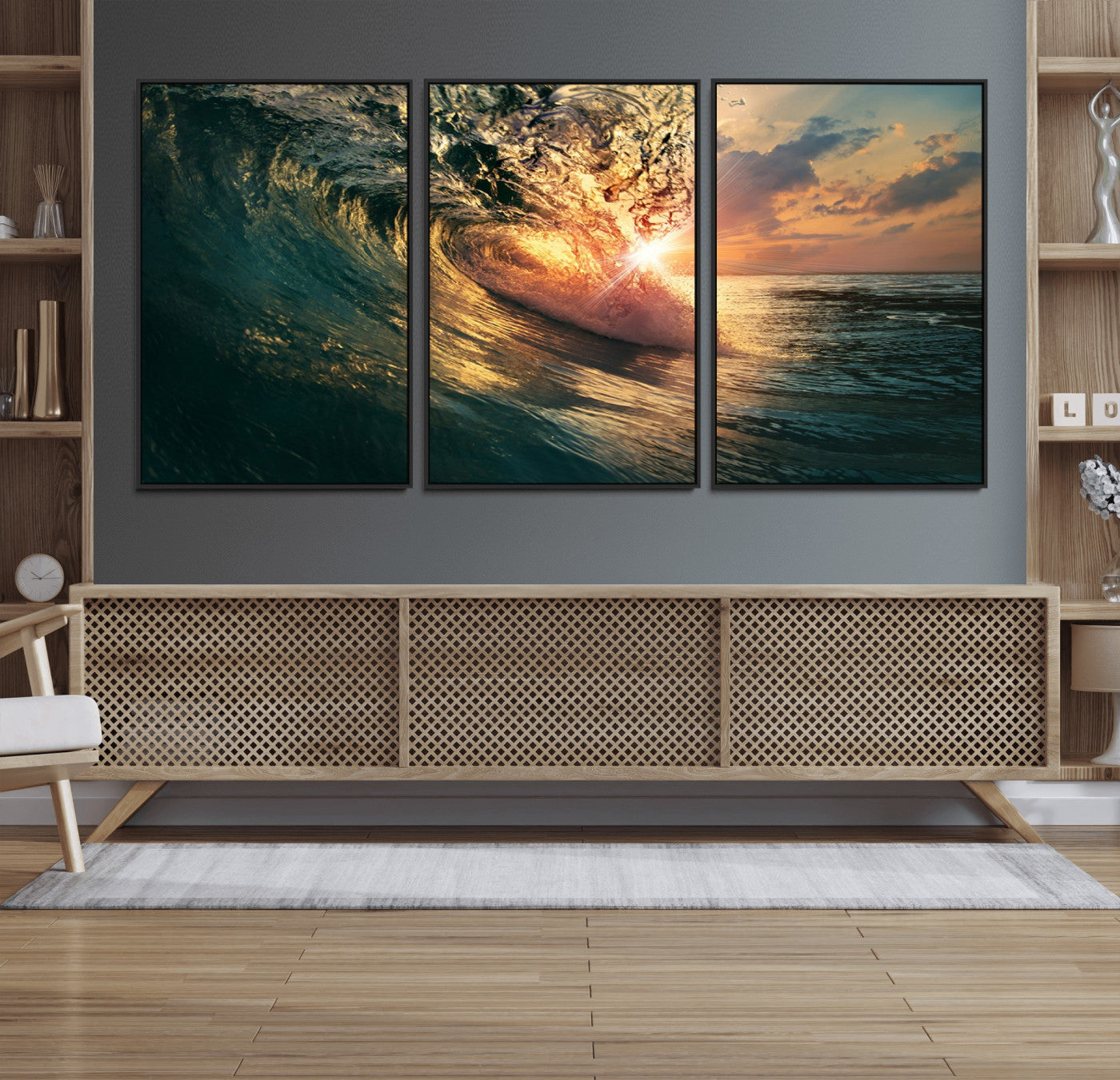 55359-MGV-CV-36X24-Ocean Wave Sunset Canvas Wall Art – Triptych Seascape Print – Framed and Ready to Hang for Living