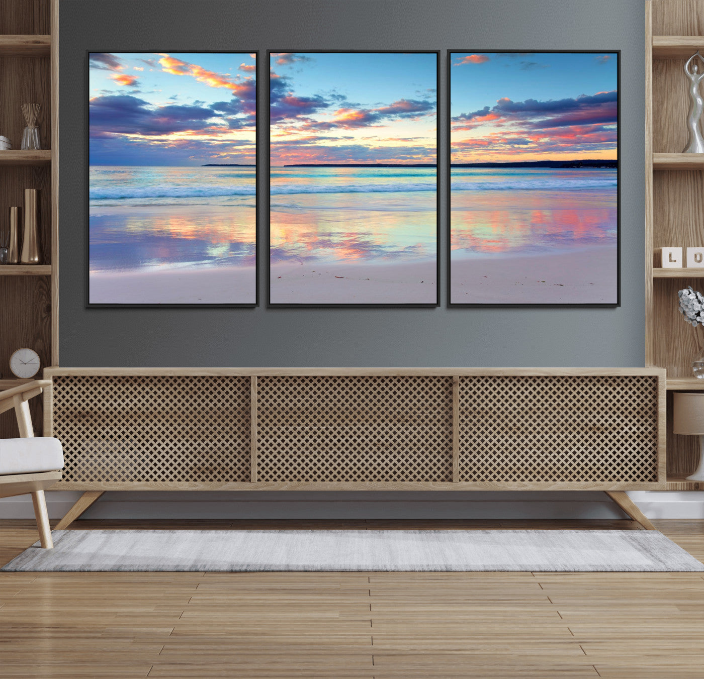 56723-MGV-FC-60X30-3P_Black-Tranquil Pastel Sunset Beach Triptych Canvas Art, Soothing Coastal Ocean Shoreline Giclee Print,