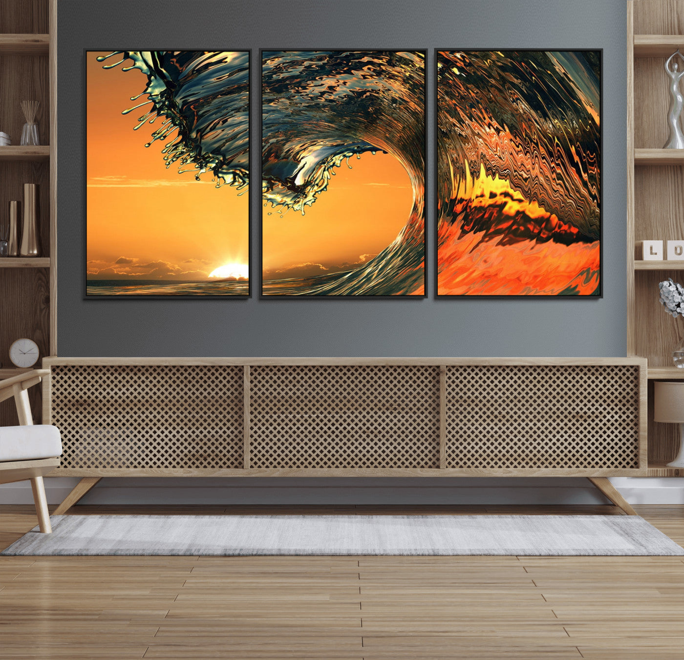 96977-MGV-FC-60X30-3P_Black-Surf Wave Sunset Canvas Wall Art Print, 3-Panel Ocean Coastal Wall Art Print, Ocean Decor for