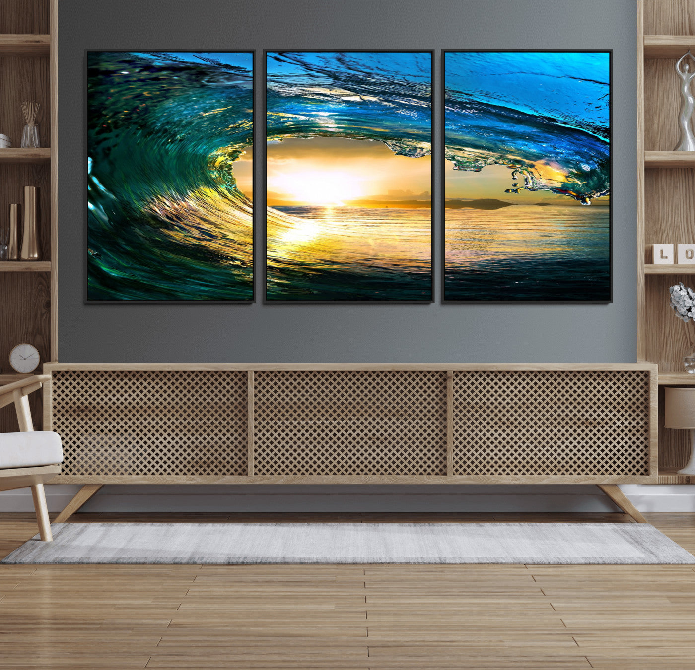 19378-MGV-FC-60X30-3P_Black-Ocean Wave at Sunset Canvas Art, Large Wall Print of Vibrant Water Waves, Coastal Art for Living