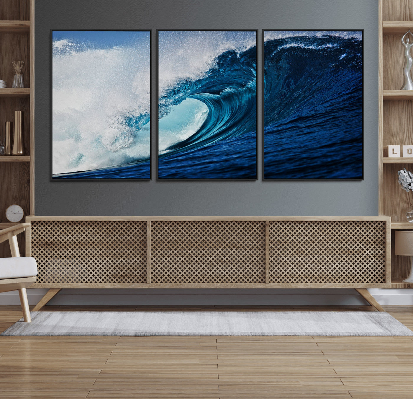 89502-MGV-FC-60X30-3P_Black-Ocean Wave at Sunset Canvas Art, Large Wall Print of Vibrant Water Waves, Coastal Art for Living
