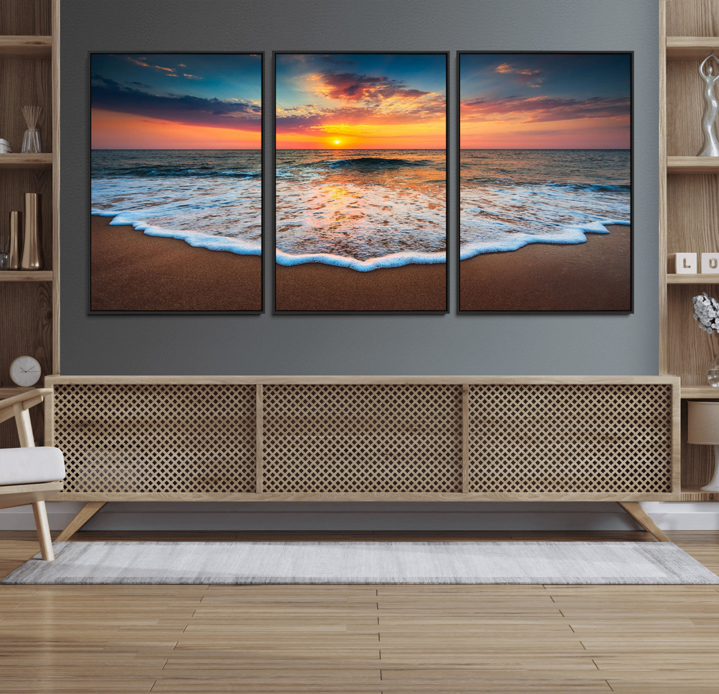 16110-MGV-FC-60X30-3P_Black-Sunset Beach Canvas Wall Art – Colorful Ocean Waves Triptych – Coastal Decor for Living Room or