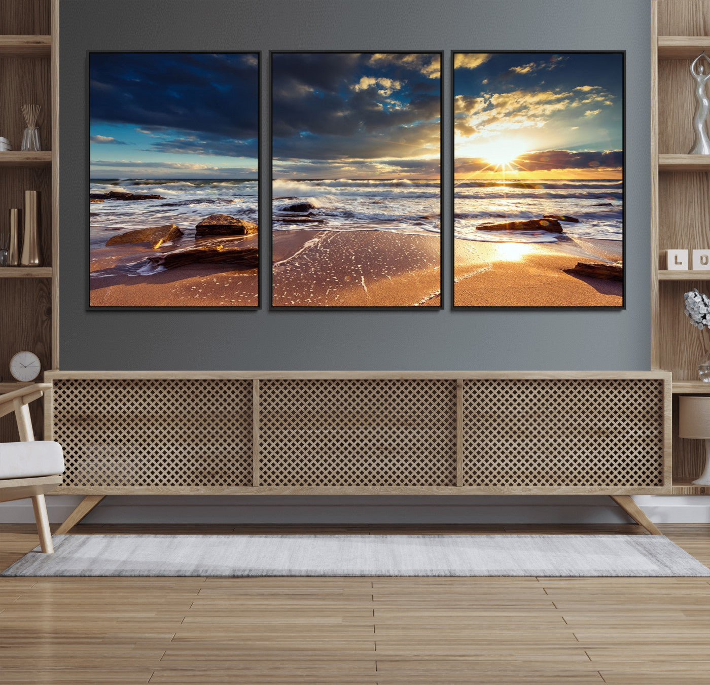 MGV-FC-60X30-3P - Golden Hour Beach Sunset Canvas Triptych, Ocean Waves and Rocks Wall Art for Coastal Home Decor