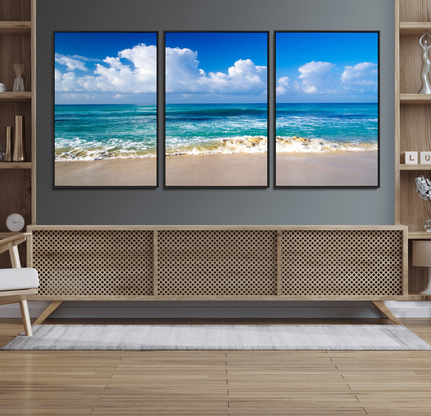 60364-MGV-FC-60X30-3P_Black-Tropical Beach 3-Panel Canvas Wall Art – Serene Ocean Waves and Blue Sky Wall Art Print