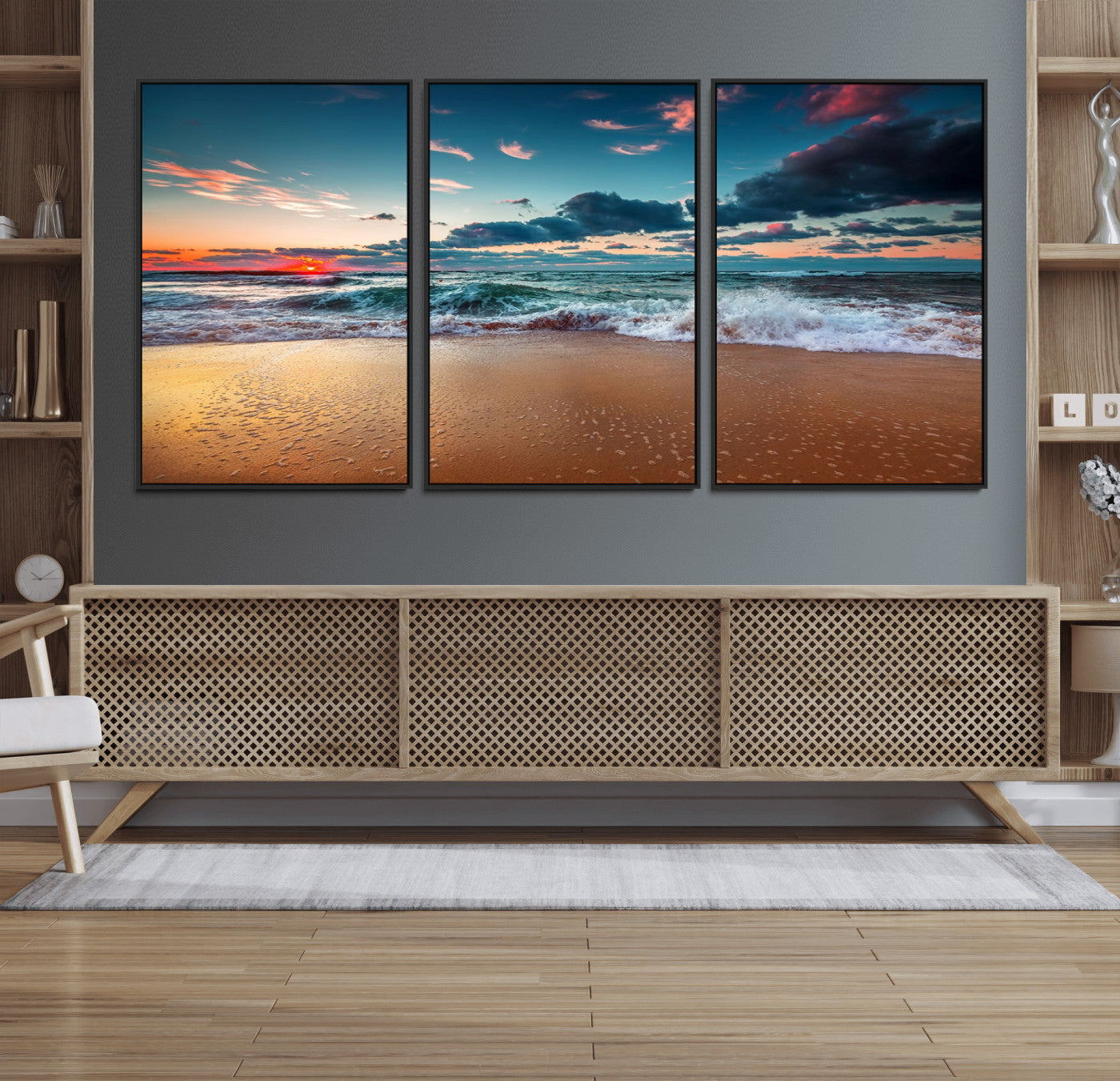MGV-FC-60X30-3P - Sunset Ocean Beach Wall Art – Giclee Canvas Print, Coastal Seascape, Ready to Hang, Beach Decor, Large 3-Panel Set for Living Room
