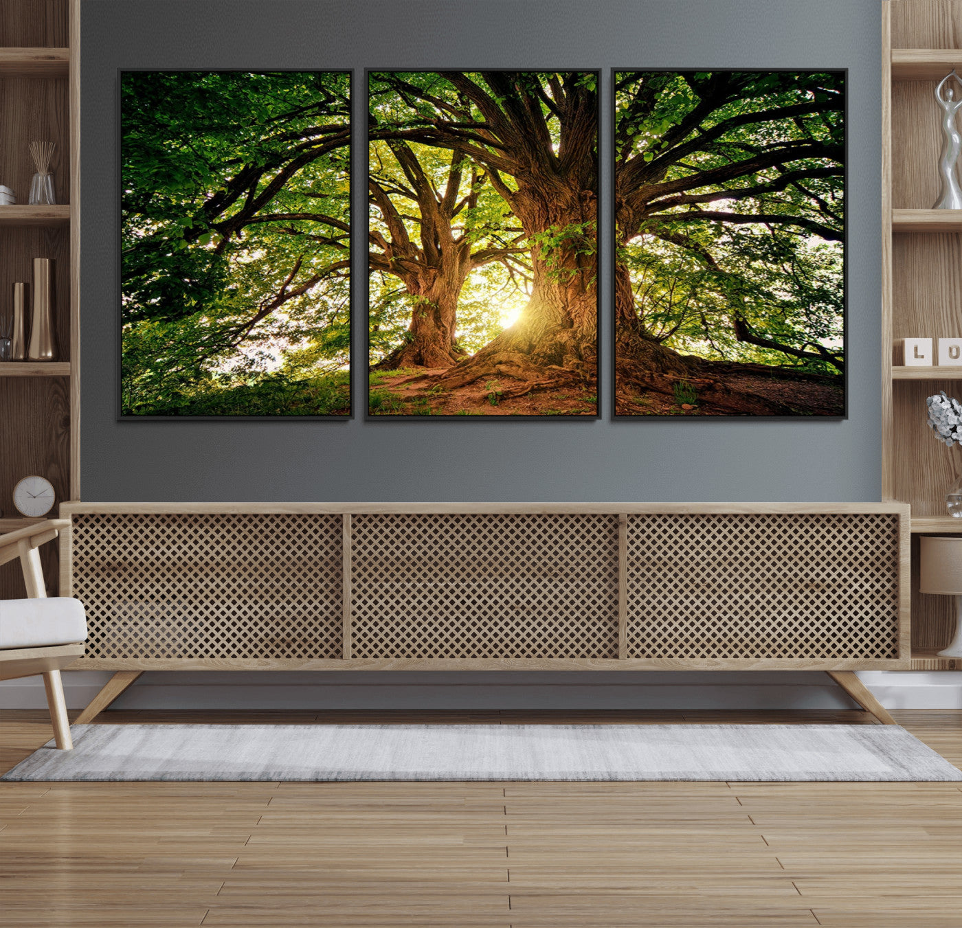 MGV-FC-60X30-3P - Majestic Ancient Tree Wall Art, NatureCanvas Print, Woodland Art, Tree of Life Artwork, Sunlit