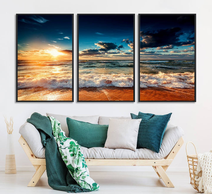 Golden Hour Sunset Over Ocean Waves Canvas: 3-Panel Coastal Landscape Art with Stunning Beach Photography Print.