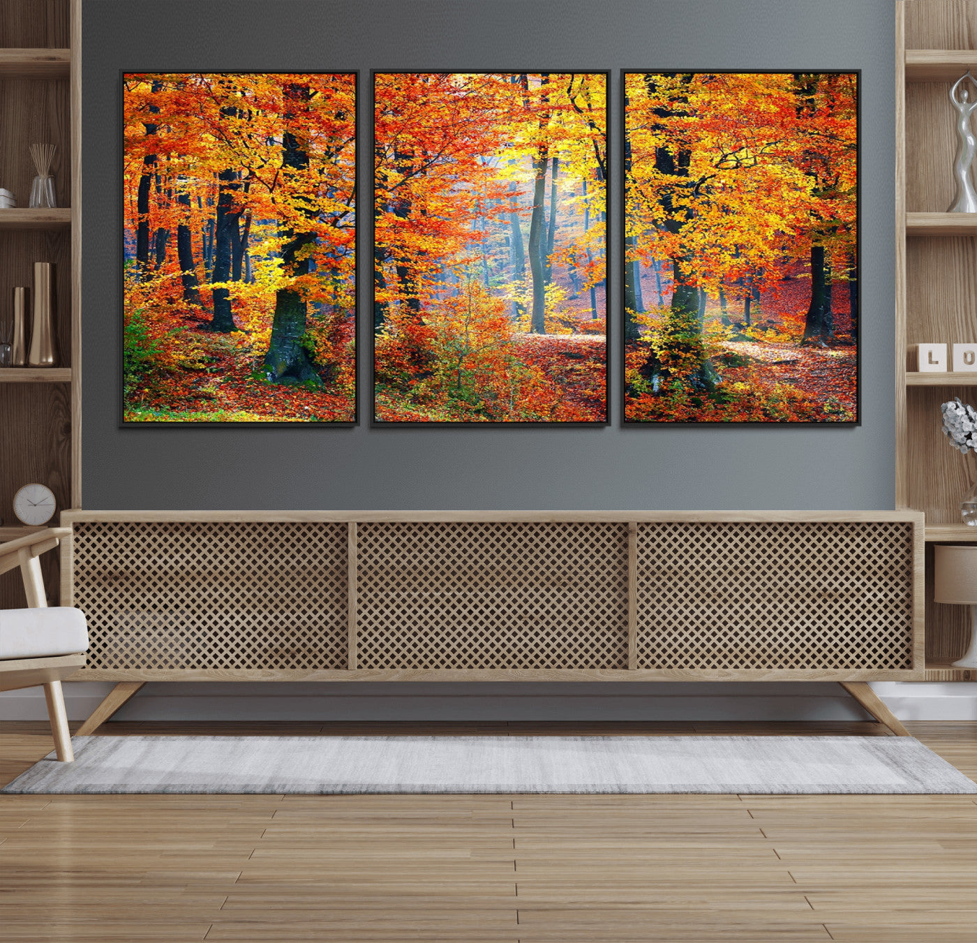 91746-MGV-CV-36X24-Autumn Red Forest Triptych Canvas Wall Art Print, Forest Wall Decor, Fall Landscape Art | Season