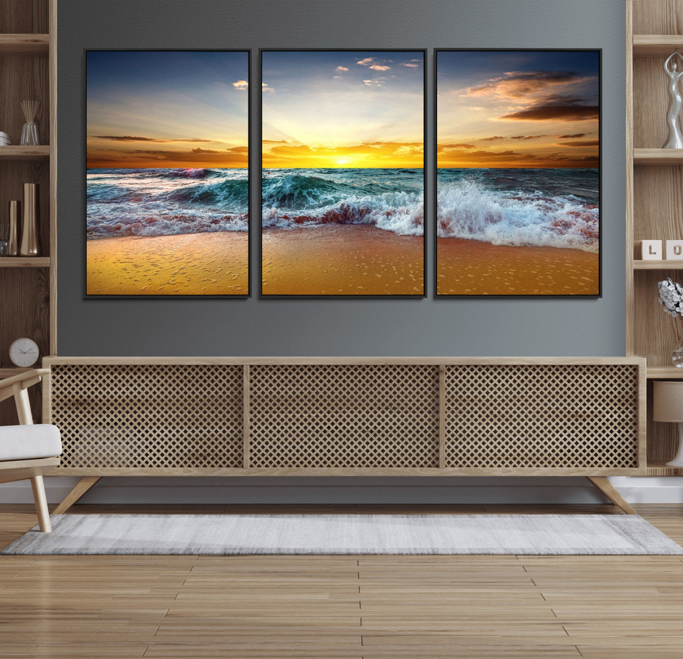 73401-MGV-FC-60X30-3P_Black-Golden Sunset Ocean Waves Wall Art Canvas Print – Multi Panel Beach Canvas Print Set – Large Coastal