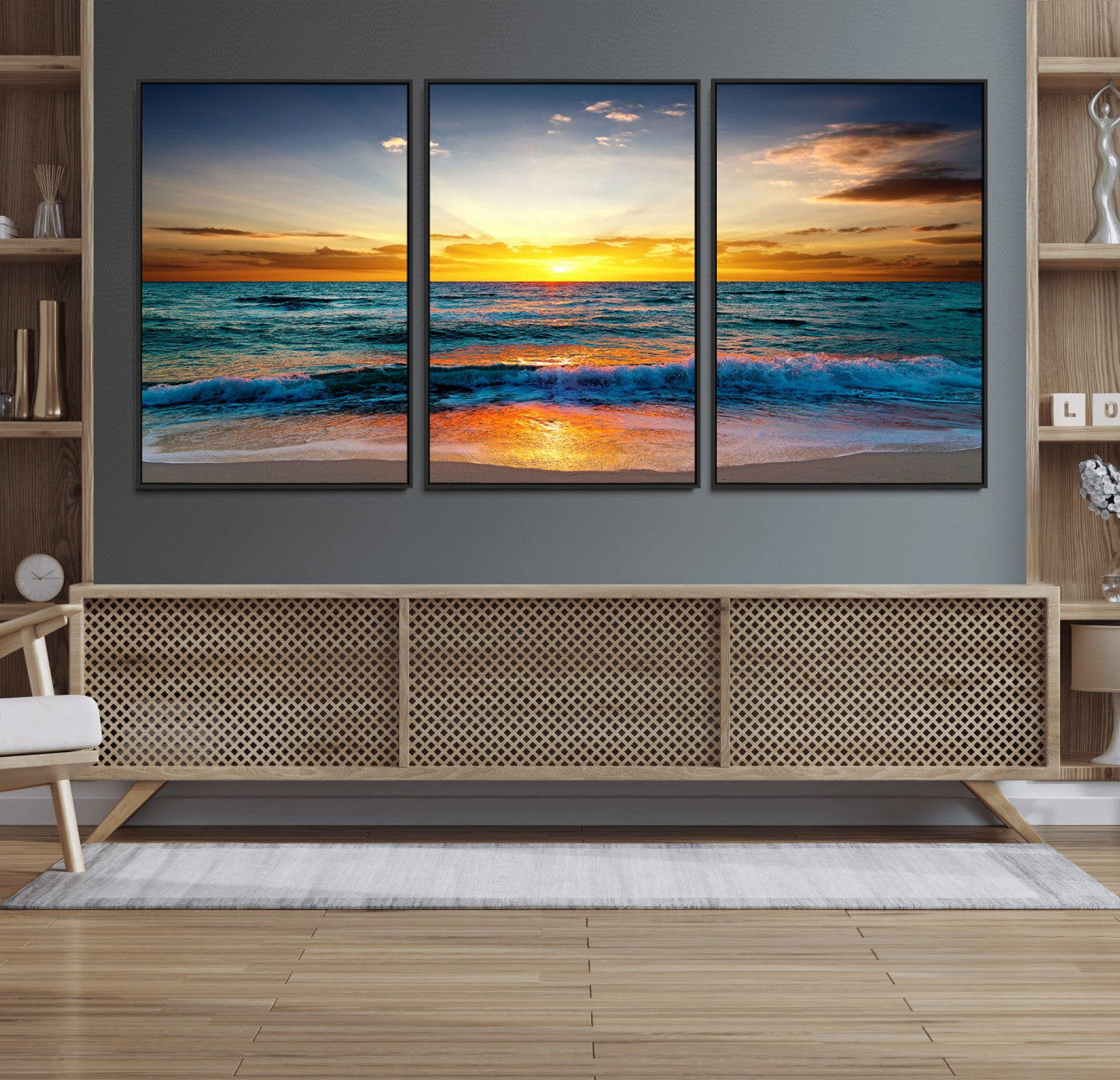 50627-MGV-FC-60X30-3P_Black-Vibrant Ocean Sunrise Over Golden Beach Waves, Giclee Canvas Wall Art Set, High-Quality Stretched