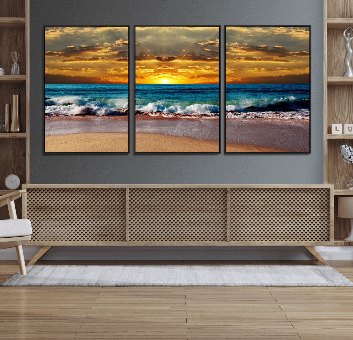 MGV-FC-60X30-3P - Ocean Sunrise Over Golden Beach Waves, Giclee Canvas Wall Art Set, High-Quality Stretched Canvas Print, Ready to Hang Coastal Sunset Wall Decor