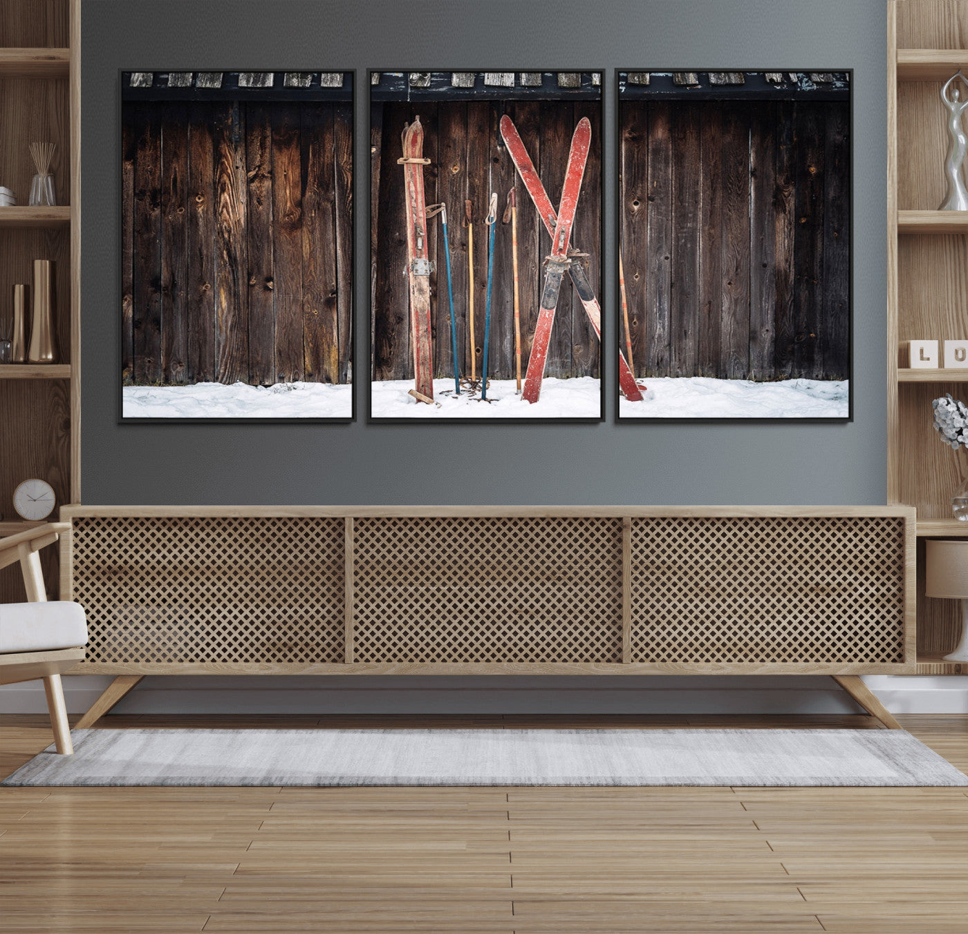 78590-MGV-FC-60X30-3P_Black-Vintage Ski Gear Canvas Print, Vintage Ski Gear Against Wooden Cabin Wall, Rustic Winter Sports