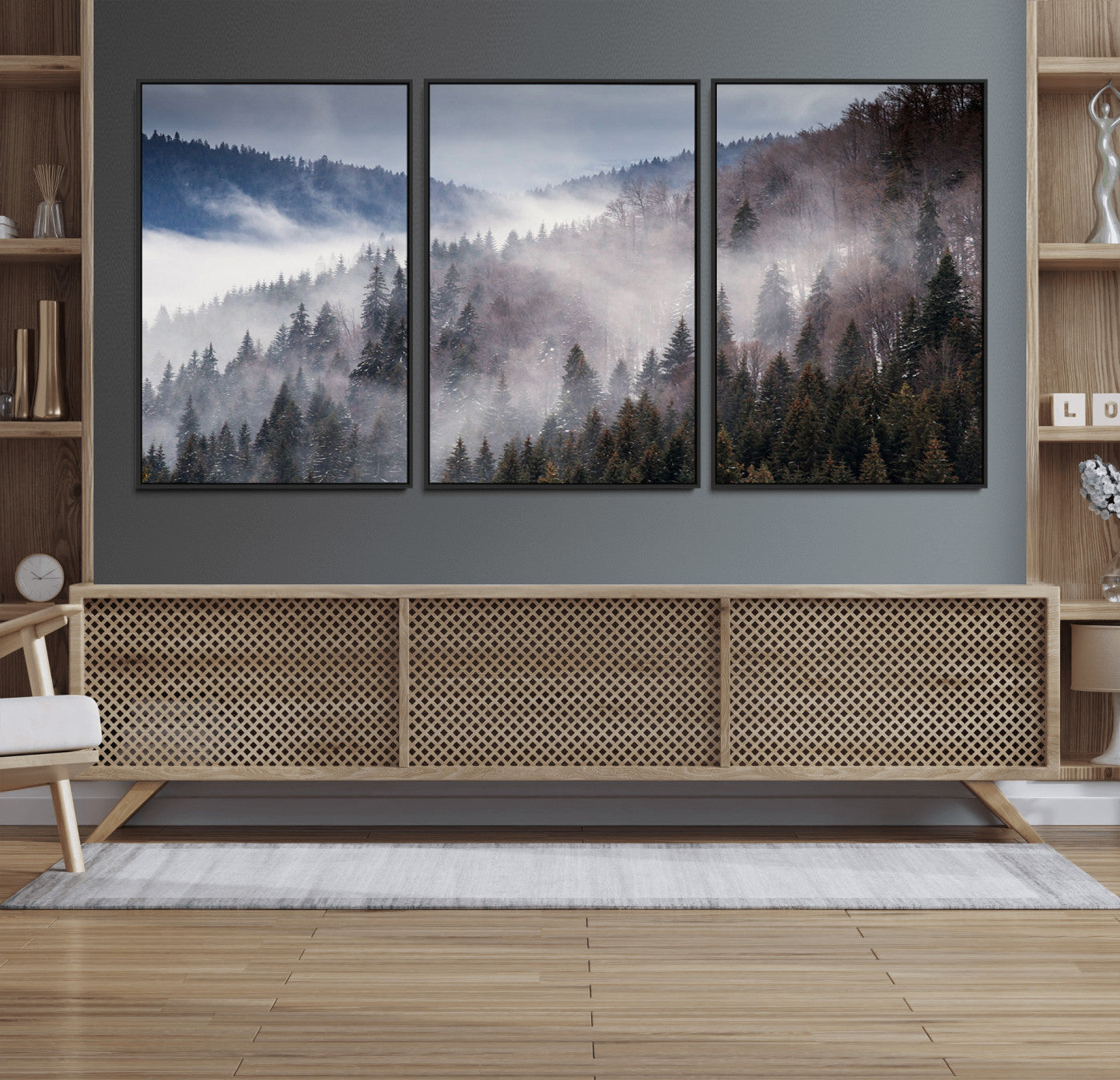18459-MGV-FC-60X30-3P_Black-Beautiful Rising Fog in Winter Mountain Landscape- Framed Rising Fog in Winter Mountain Canvas