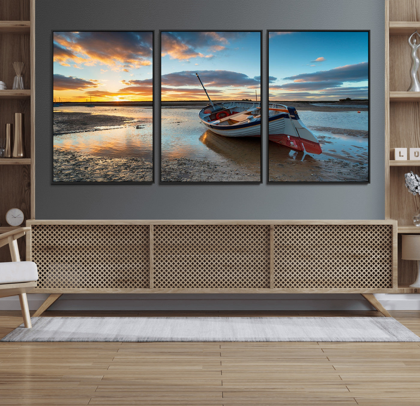 32750-MGV-FC-60X30-3P_Black-Small Boat At The Beach Sunset Wall Art, Boat Sunset Wall Art Canvas Print