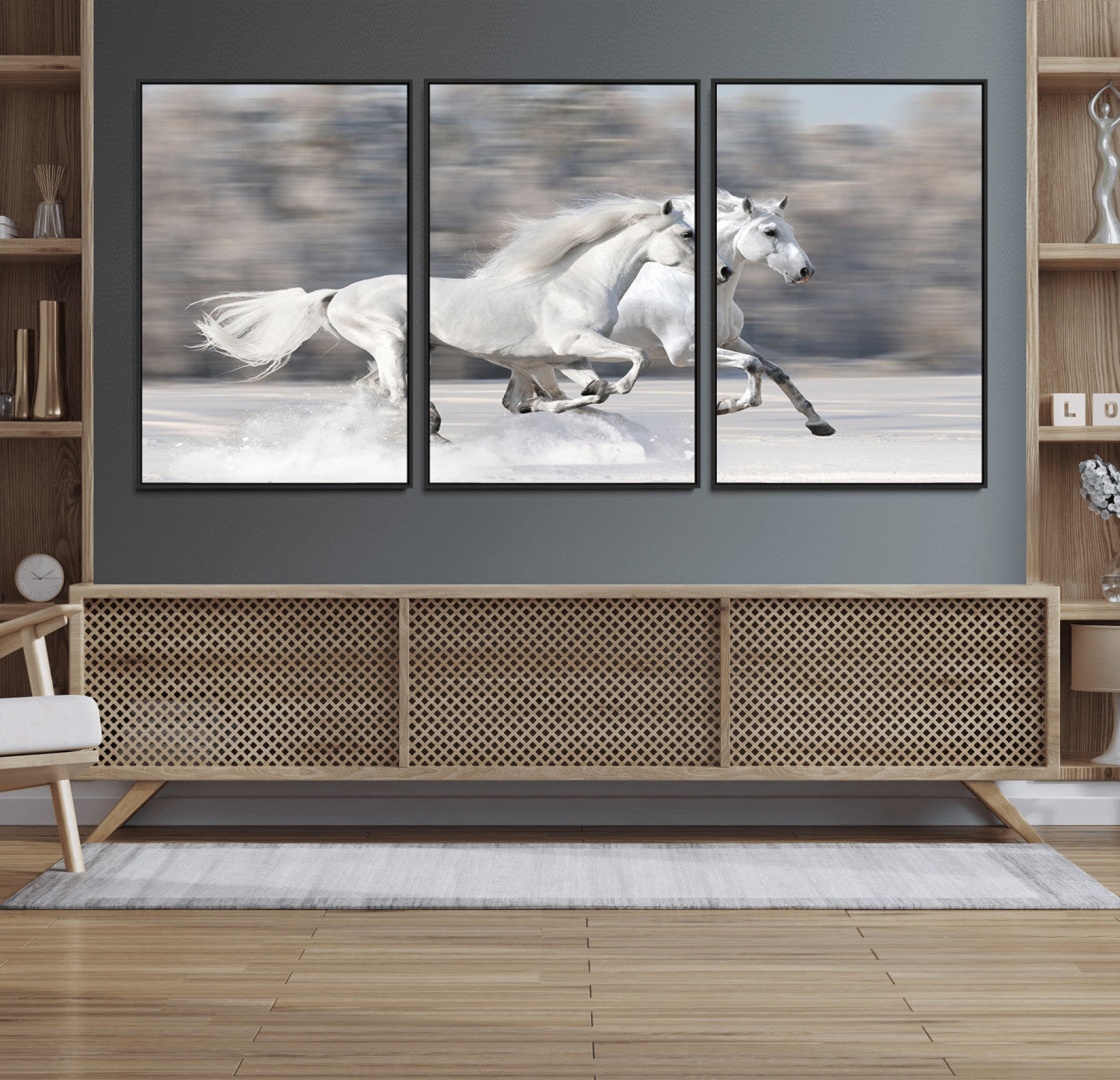 30973-MGV-FC-60X30-3P_Black-The White Horses Wall Art, Framed White Horses Wall Art Canvas Print