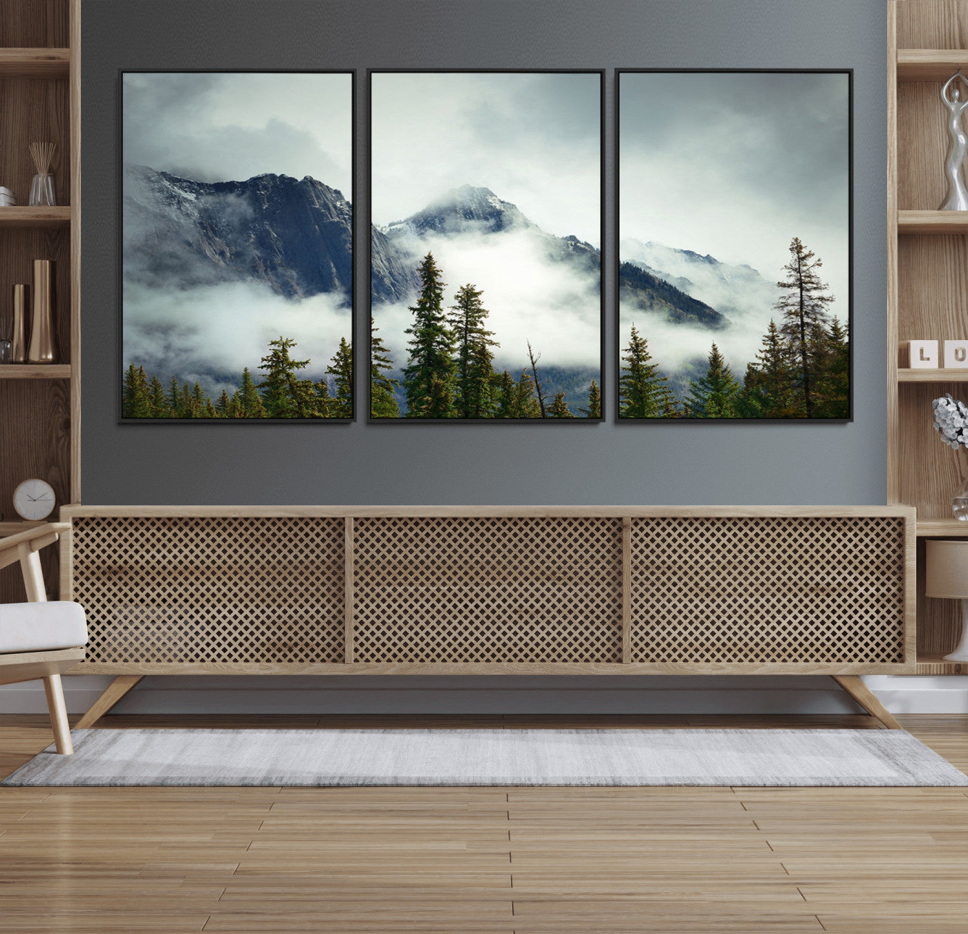 93219-MGV-FC-60X30-3P_Black-Mountain Mist Canvas Wall Art Print | 3-Panel Foggy Forest and Mountain Landscape | Large Giclee