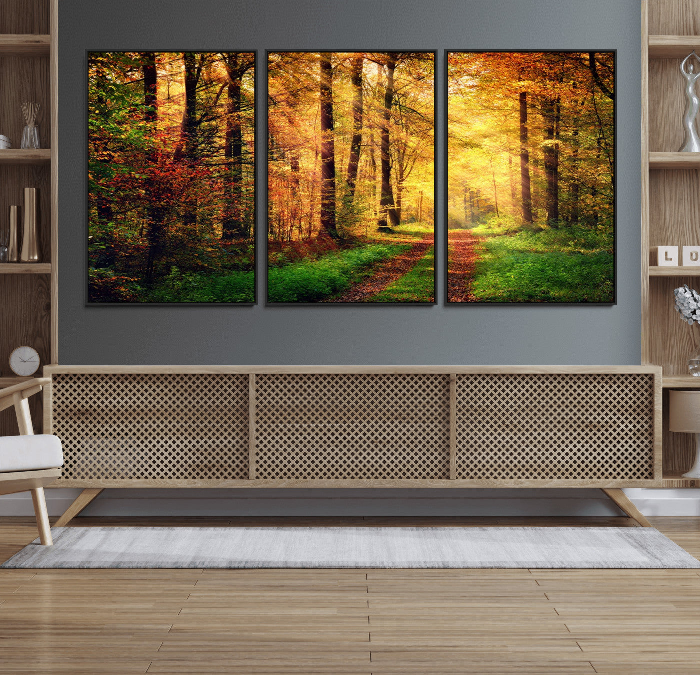 73494-MGV-FC-60X30-3P_Black-Sunlight Through Trees Wall Art Canvas Print - Autumn Forest Wall Art Canvas Print