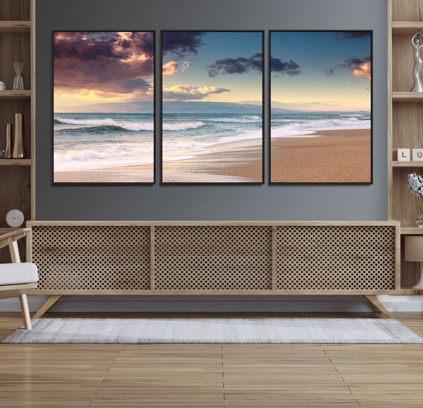 42253-MGV-FC-60X30-3P_Black-Cloudy Weather Beach Sunset Canvas Print | Sunrise Wall Art Canvas Print