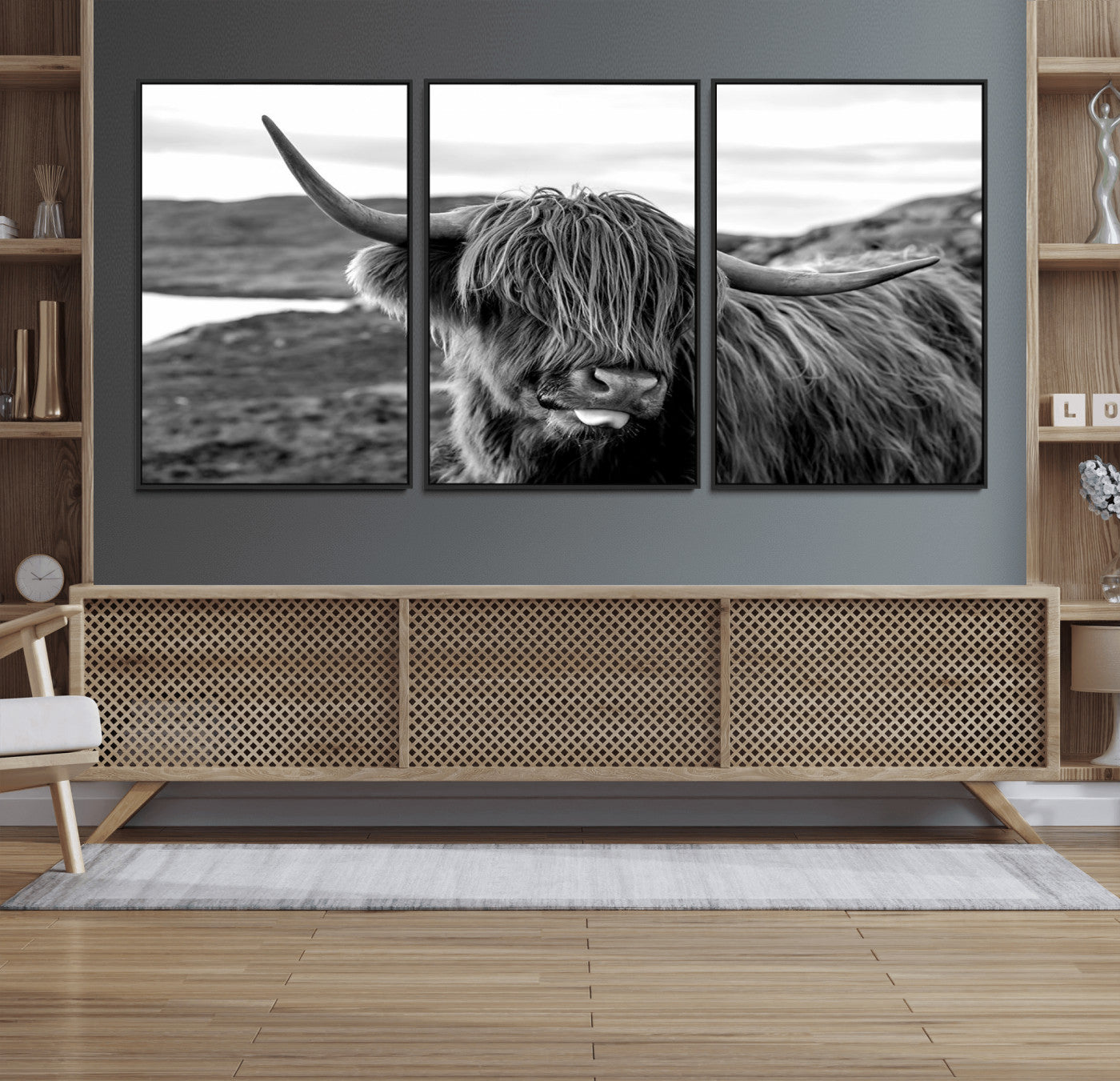 83810-MGV-FC-60X30-3P_Black-Longhorn Steer Canvas Print Wall Art, Highland Cow Canvas Wall Art – Black and White Animal Portrait