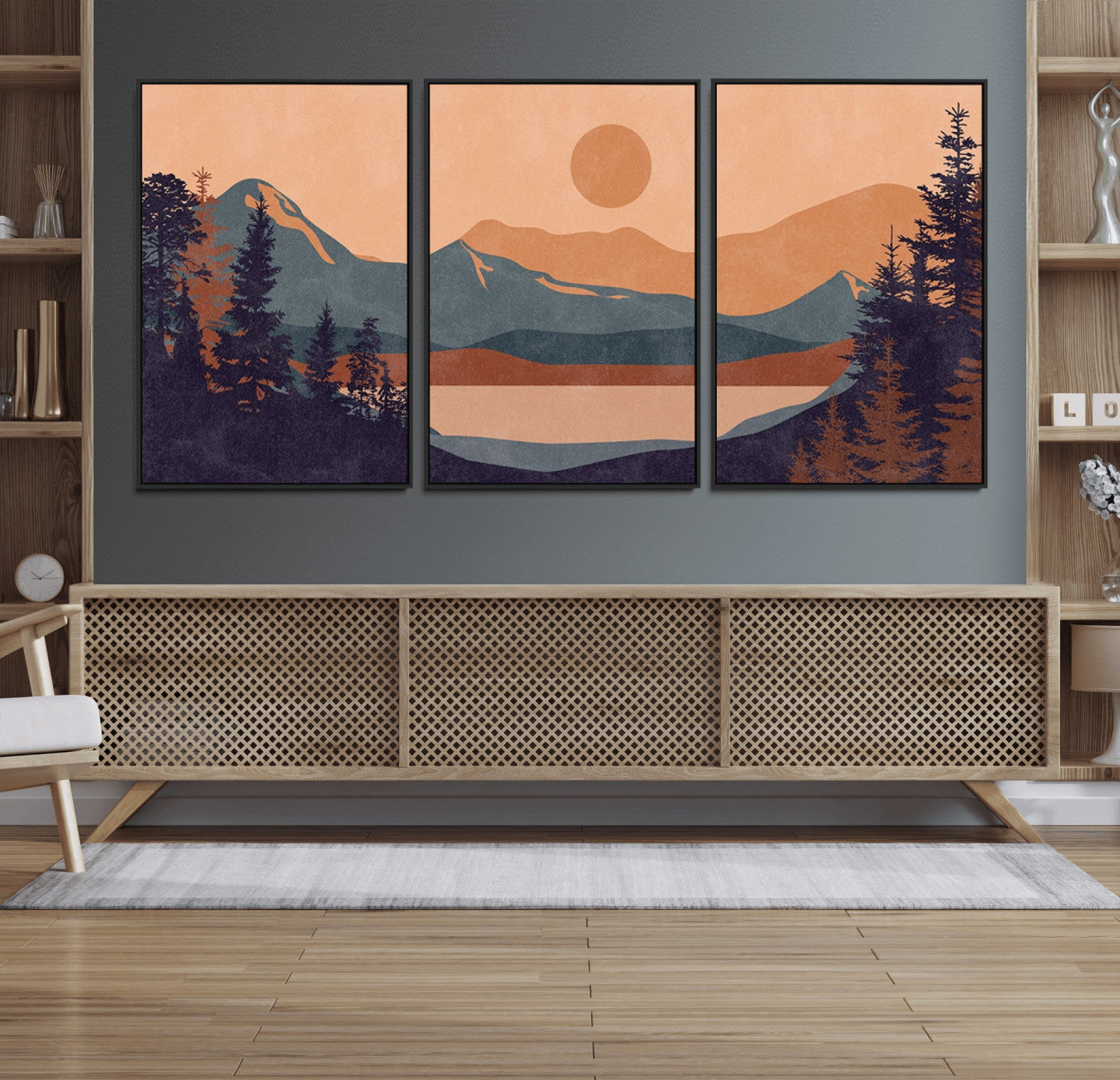 62795-MGV-FC-60X30-3P_Black-Modern Boho Sunset Canvas Print, Mountain Landscape Triptych – Giclée Canvas Art Print for Living