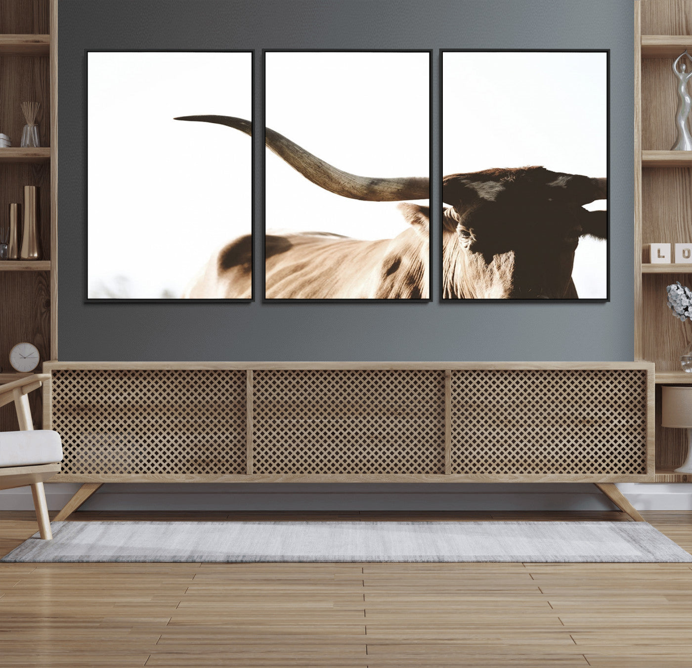 35866-MGV-FC-60X30-3P_Black-Texas Longhorn Wall Art Canvas Print | 3-Panel Large Longhorn Canvas Print for Living Room, Framed