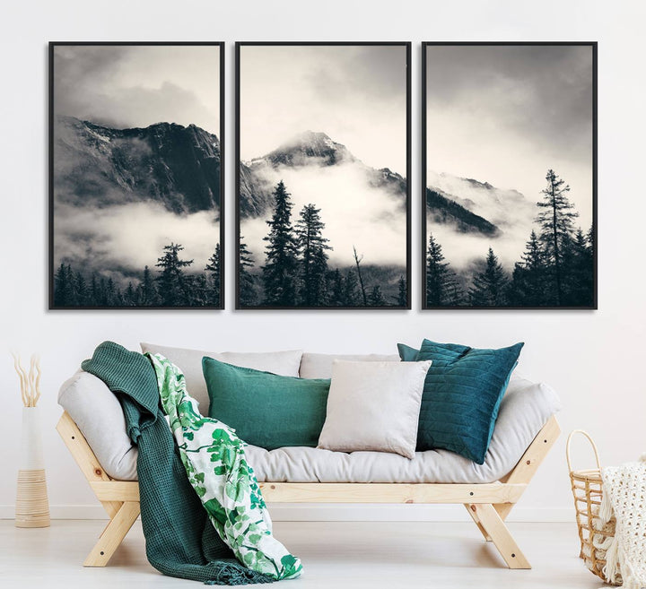 Forest Mountain Print - Black and White Canvas.