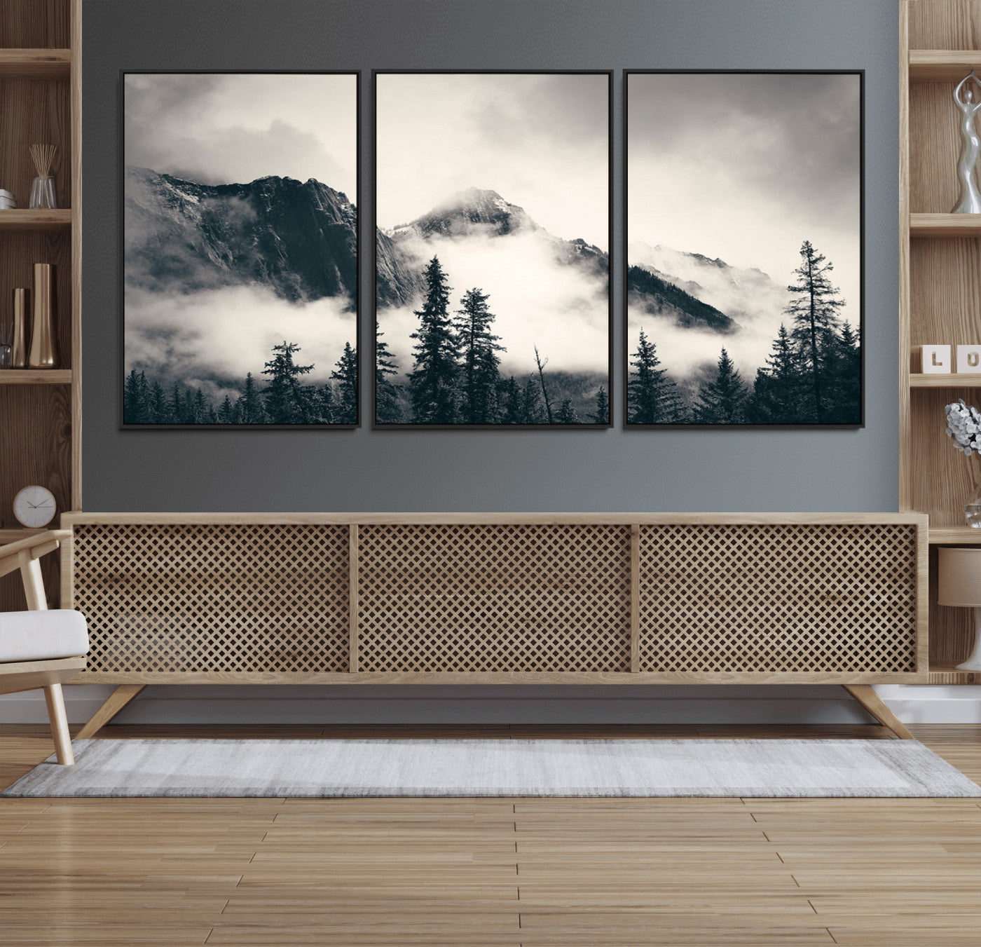 59517-MGV-FC-60X30-3P_Black-Large Foggy Mountain Forest Wall Art Canvas Print | Misty Mountain Peaks and Pine Trees Print |