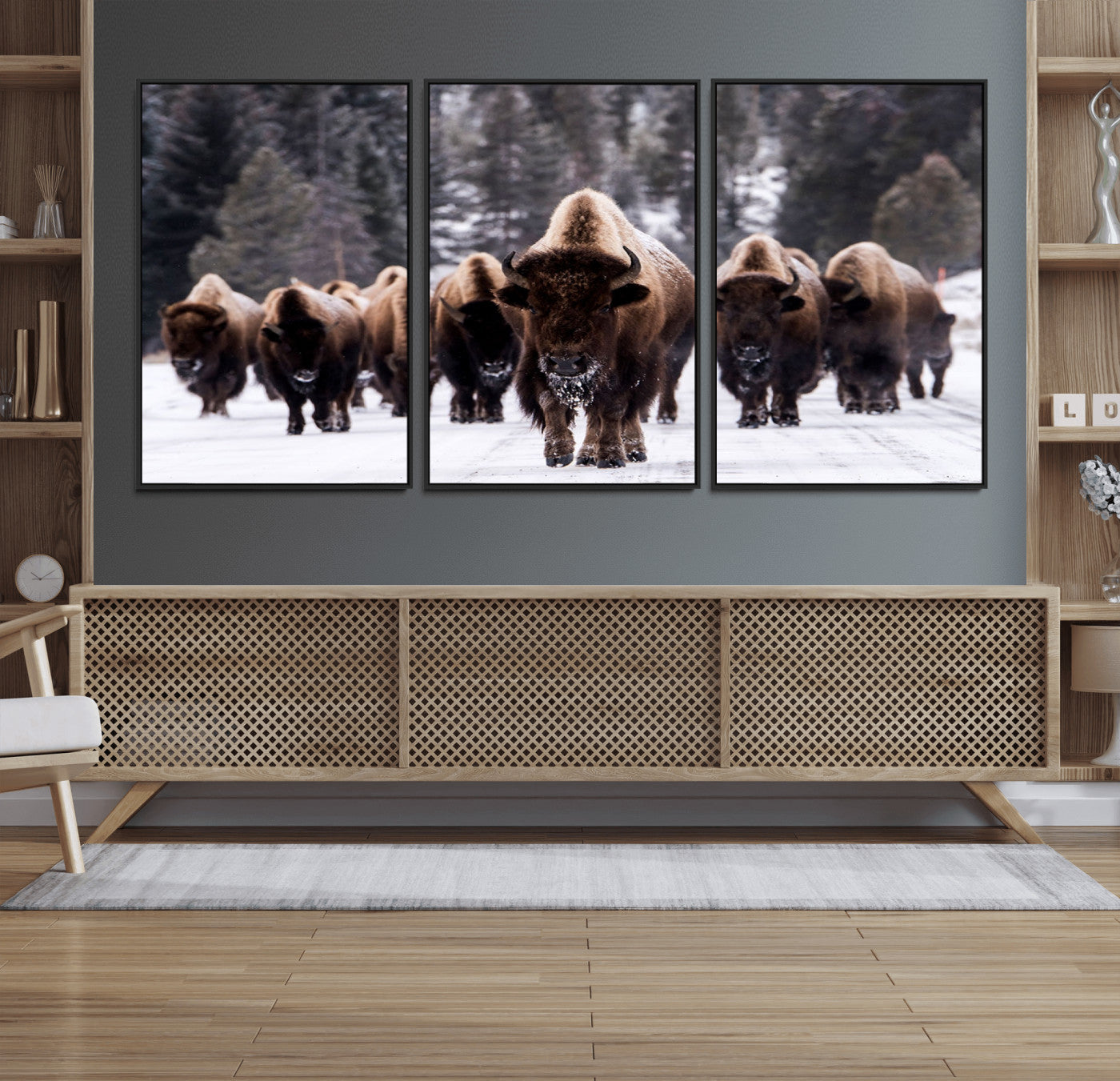 MGV-FC-60X30-3P - Bison Wall Art Canvas Print- Bison Herd Canvas Wall Art – Majestic Wildlife Photography – Framed and