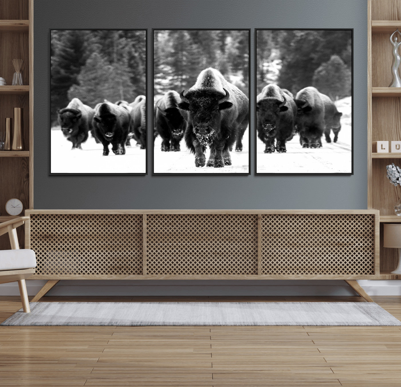 62434-MGV-FC-60X30-3P_Black-Bison Herd in Snow Wall Art Canvas Print | Rustic Western Bison Wall Art for Decor for Living Room,