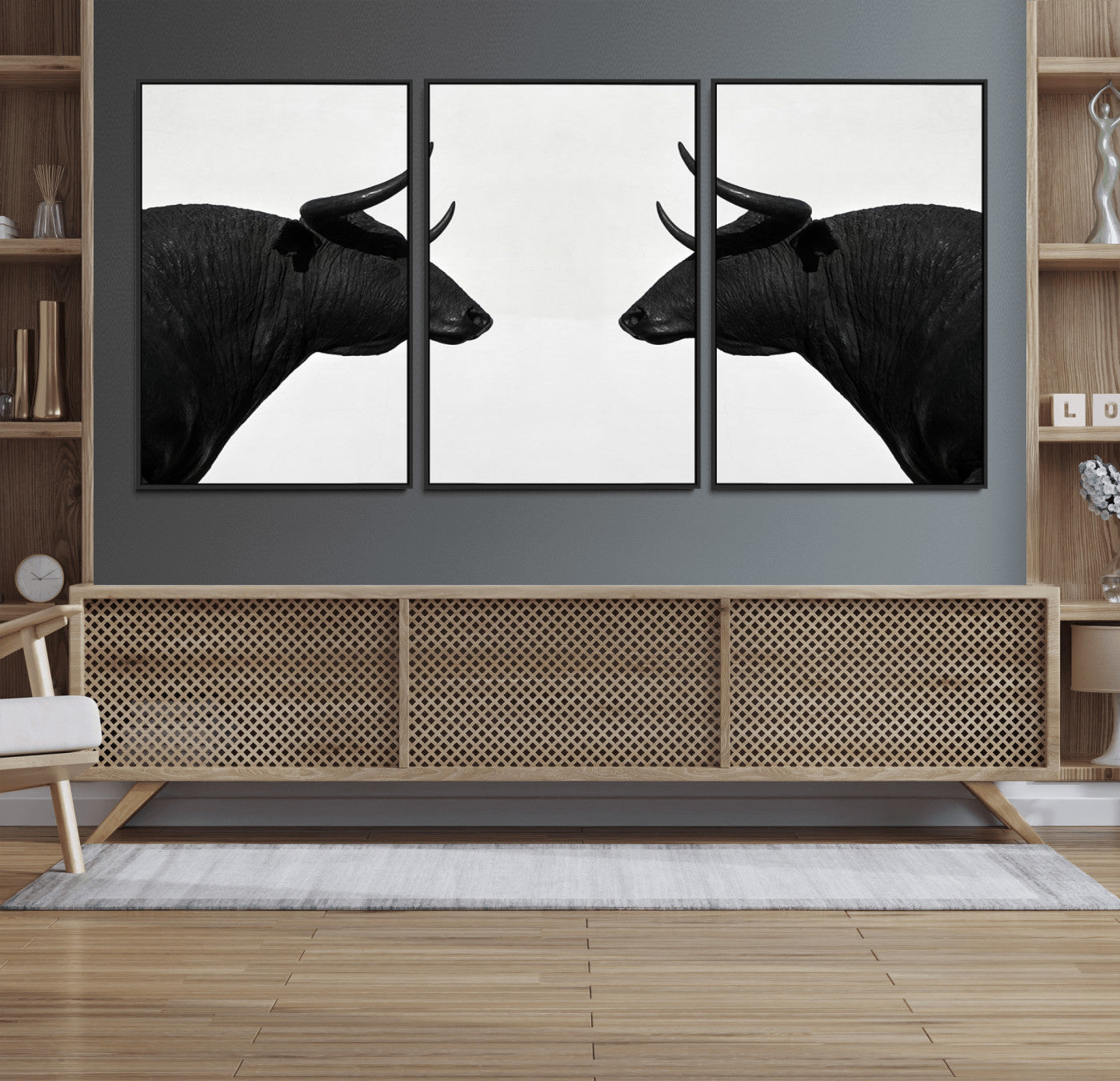 16038-MGV-FC-60X30-3P_Black-Spanish Bull Art - Framed Black and White Bull Canvas Print for Modern Rustic Home or Office Decor