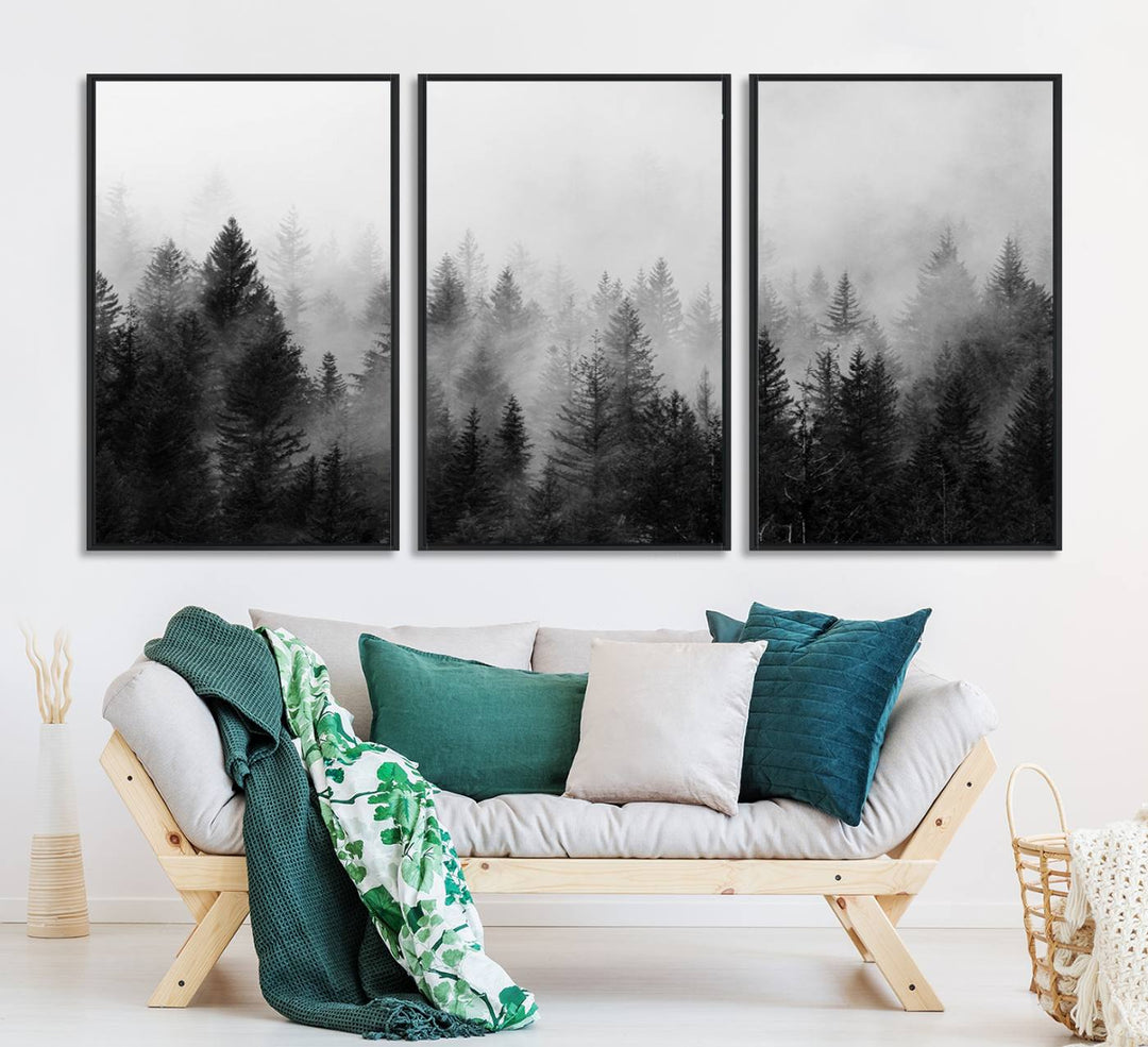 Black and white canvas art depicts a misty pine forest, offering a dense landscape that appeals to nature and woodland art lovers.