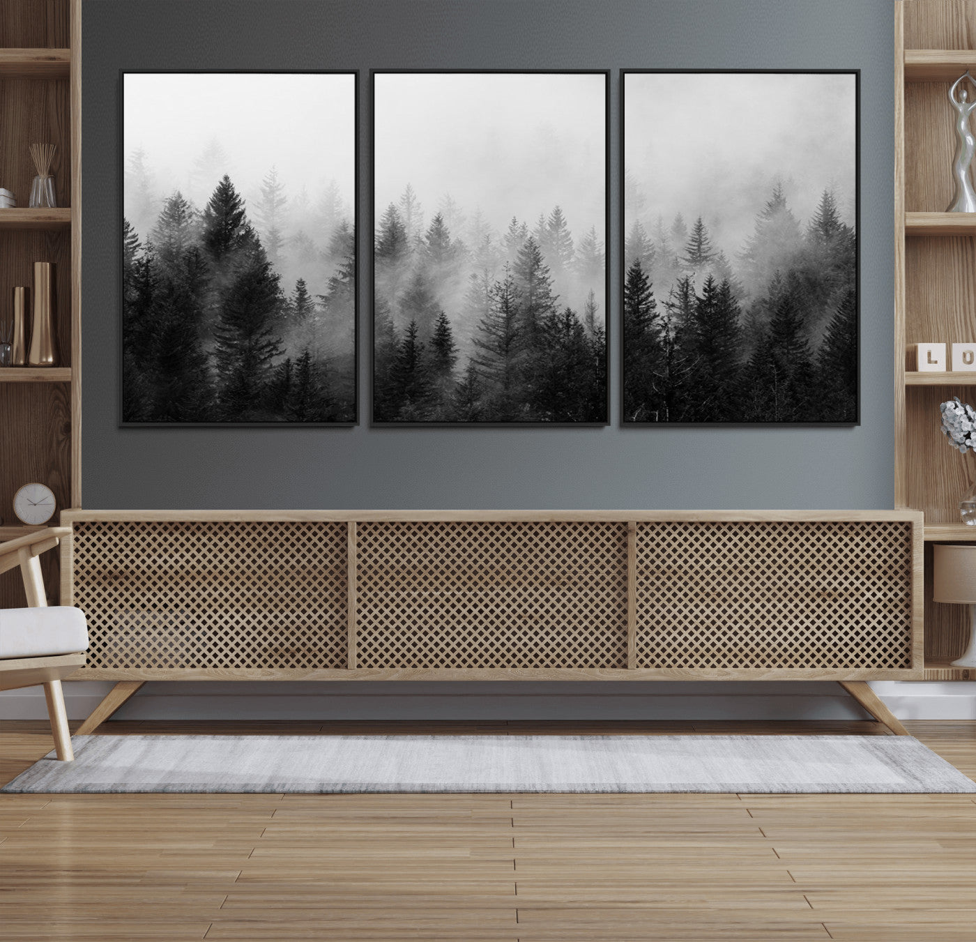40700-MGV-FC-60X30-3P_Black-Foggy Black and White Forest Canvas Wall Art, 3 Panel Misty Pine Trees Canvas Print for Living Room,