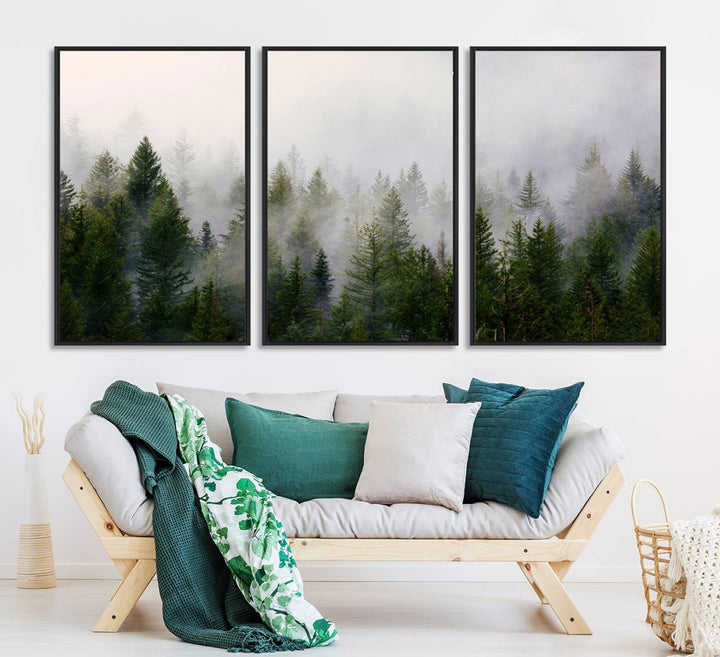 A serene, foggy evergreen forest creates a mysterious atmosphere, ideal for premium canvas wall art.