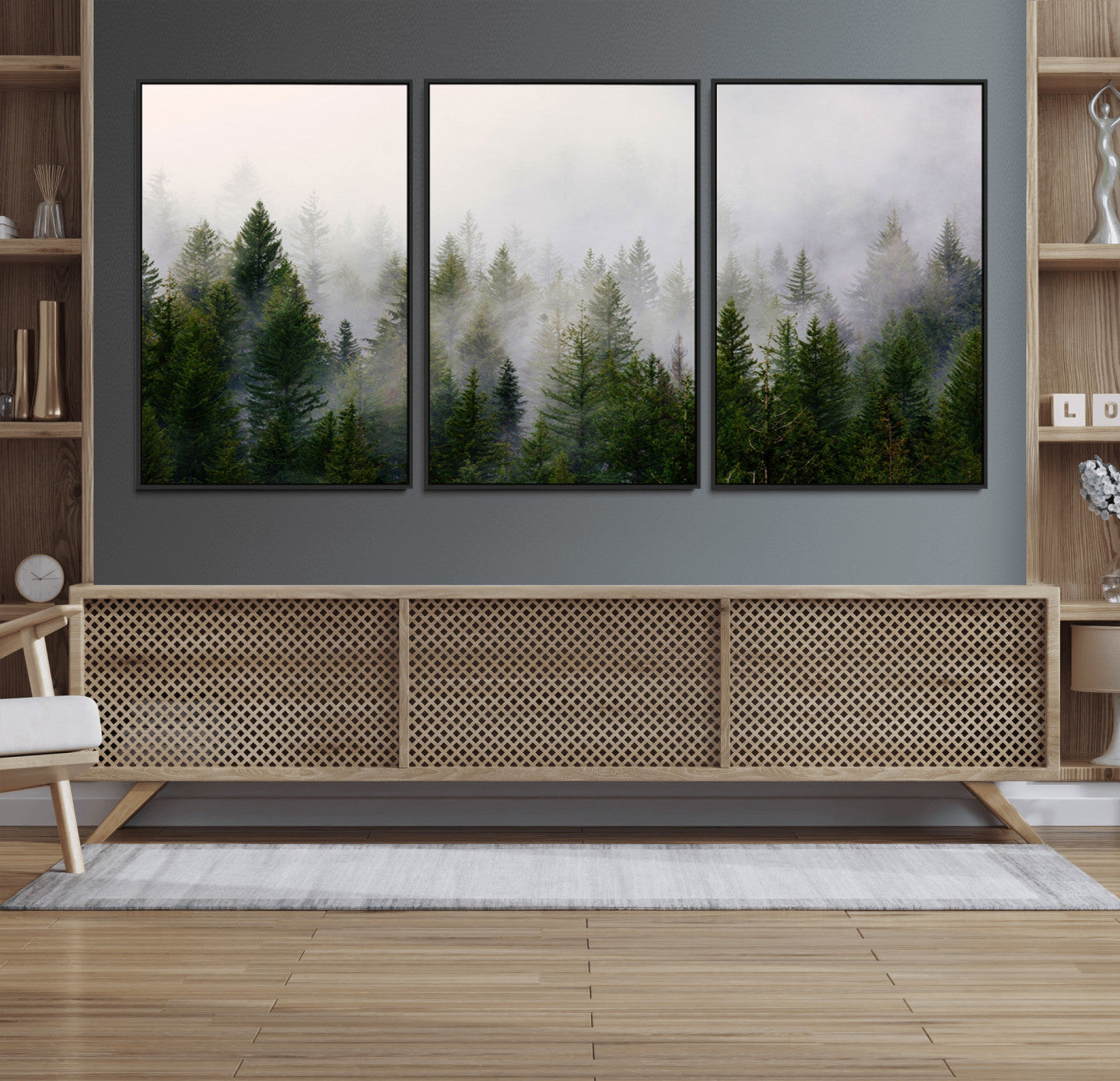 11436-MGV-FC-60X30-3P_Black-Misty Pine Forest Wall Art Canvas Print | 3 Panel Green Woodland Canvas Print for Living Room,