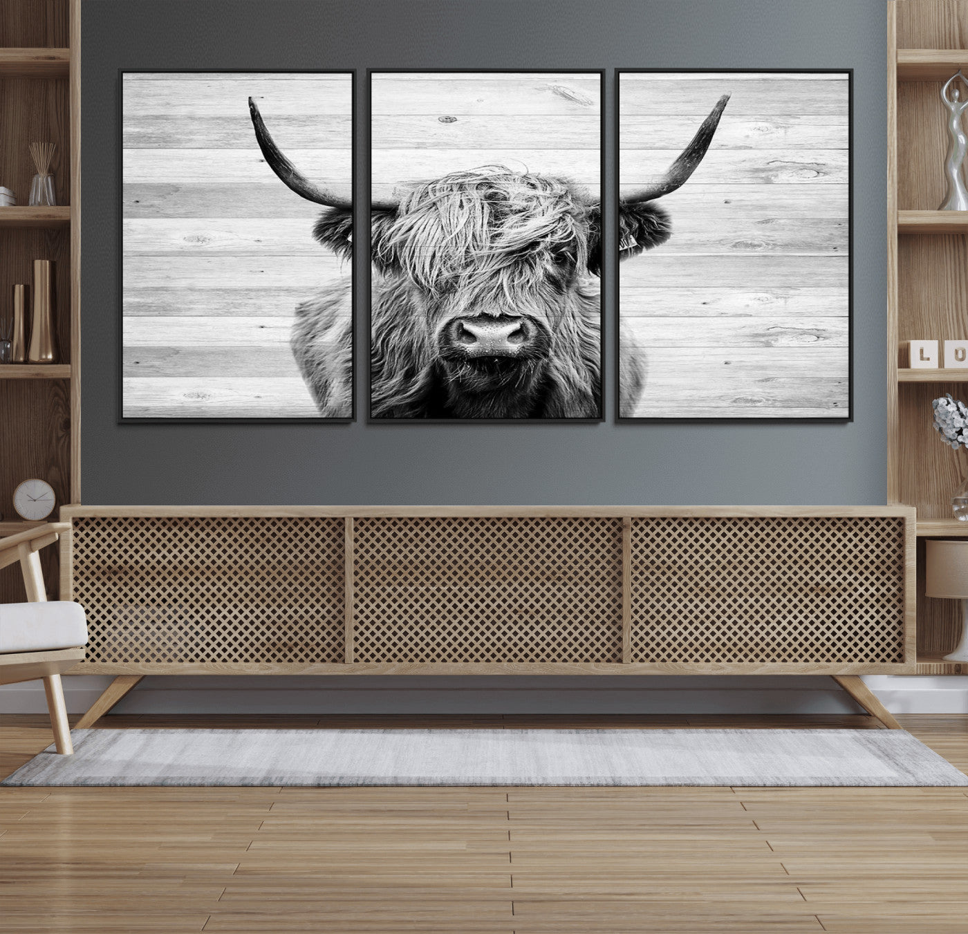 14634-MGV-FC-60X30-3P_Black-Scottish Highland Cow Cattle Art Print on Wood Background Style, Scottish Highland Cow Wall Art